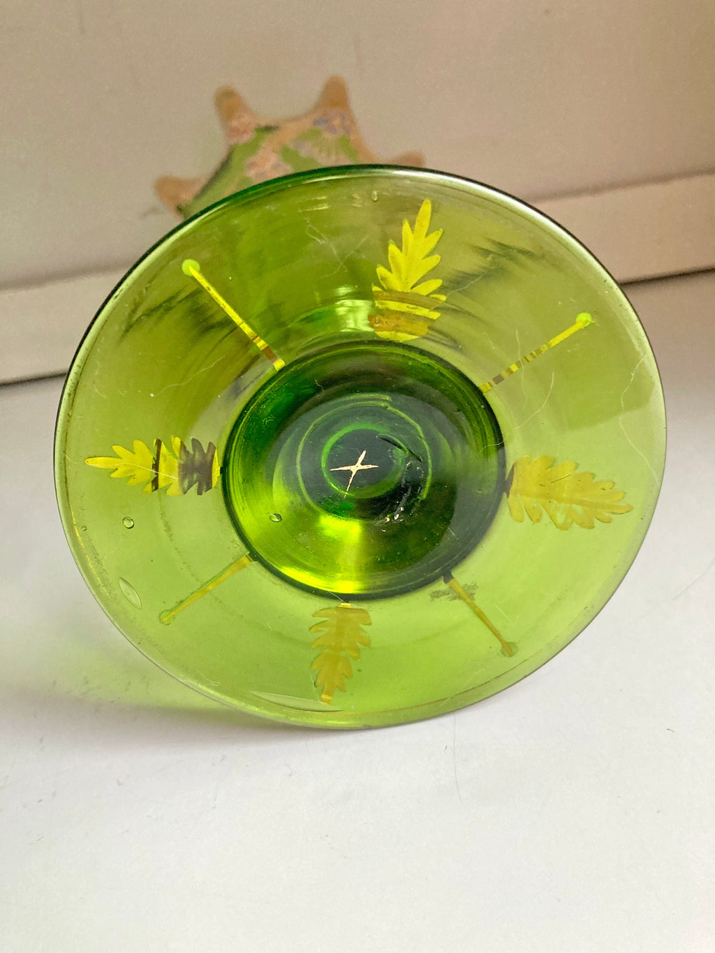 Bohemian Green Glass Ruffled Vase: Gilt Floral Hand-Painted Decor