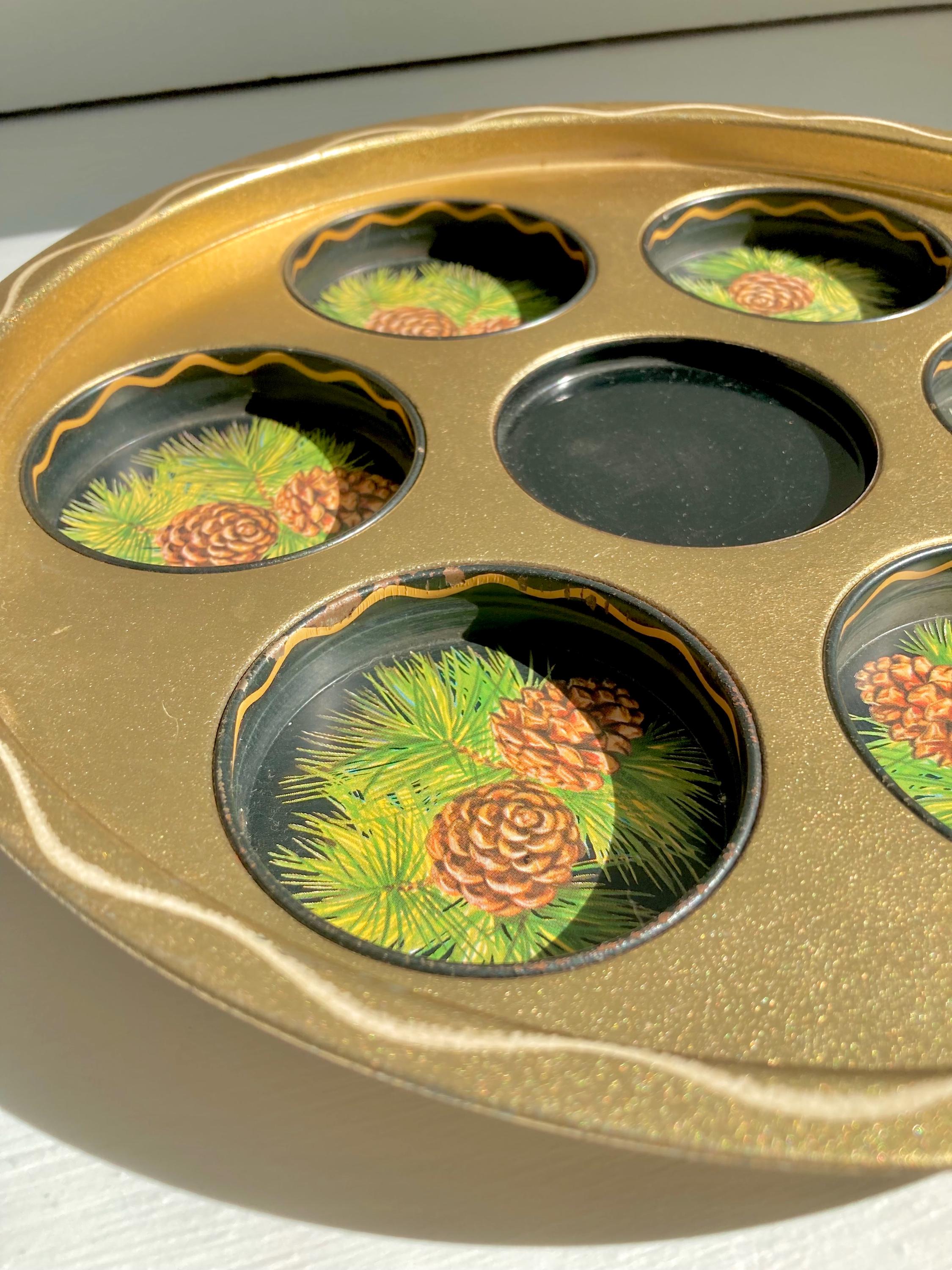 Vintage Kitsch Pinecone Drinks Tray: Painted Aluminum Cabin Decor