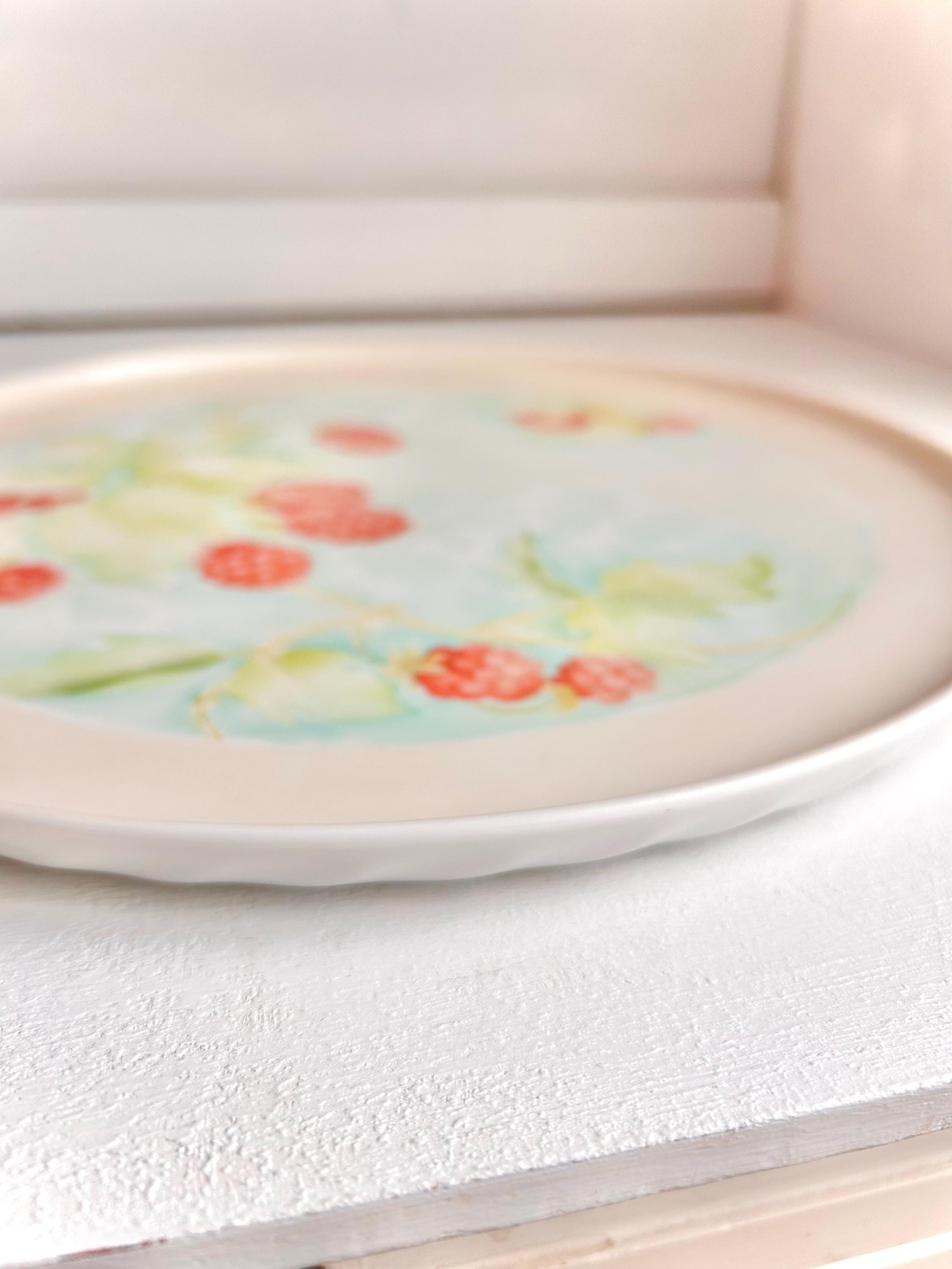 Vintage Hand-Painted Ceramic Cake Plate: Raspberry Branch Design, 11"