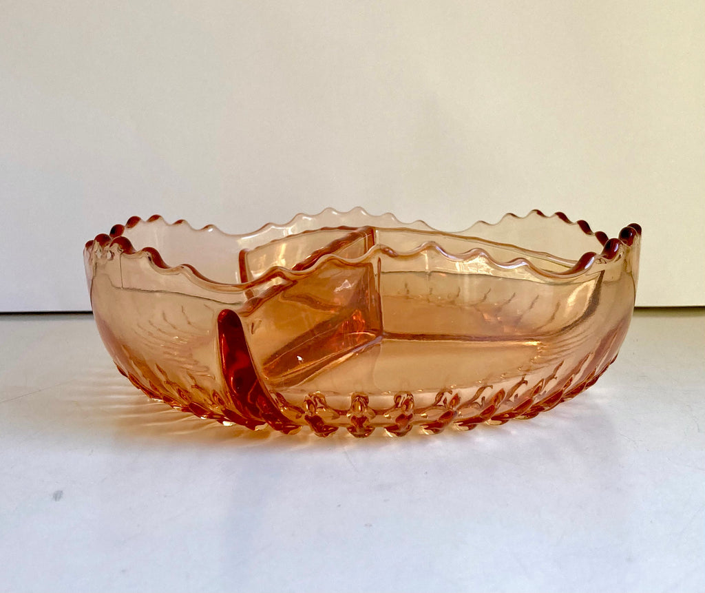 Vintage Amber Glass Divided Dish: Sawtooth Edge, 7-inch