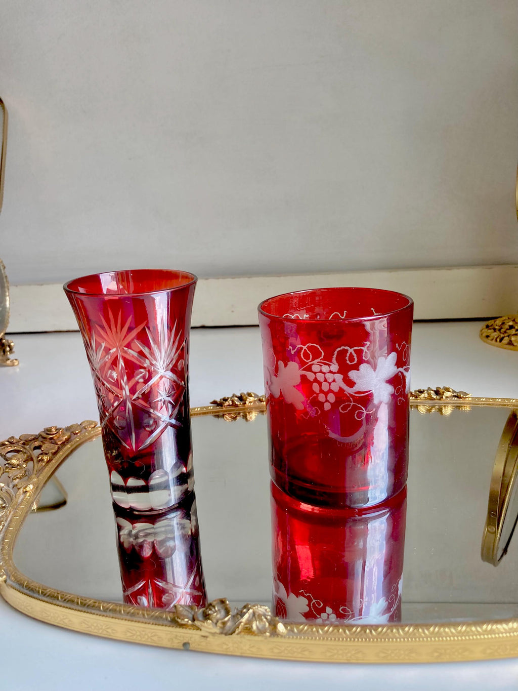 Vintage Ruby Red Flashed Etched/Cut-to-Clear Bohemian Glasses-choose from 2