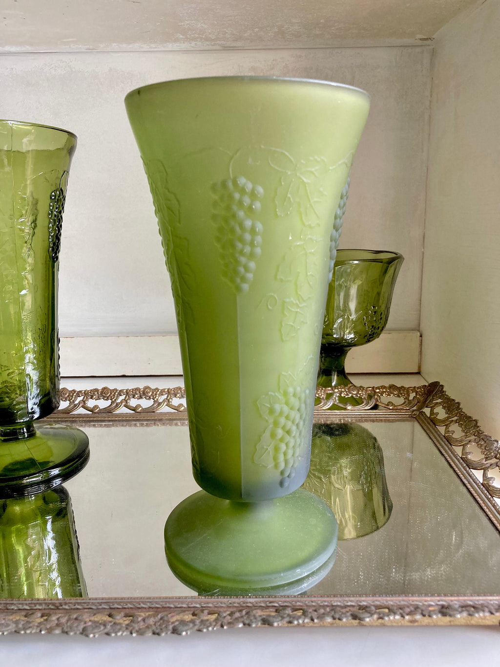 Vintage Green Glass Harvest Grape Pattern Pedestal Vases and Compote: Choose from 4