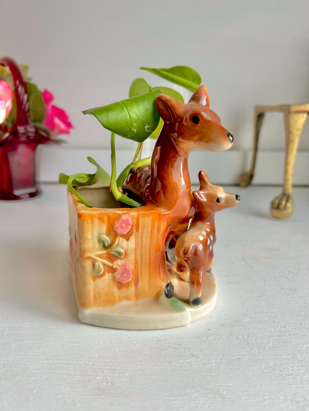 Vintage Ceramic Deer Planter: Mid-Century Doe and Fawn Flower Container