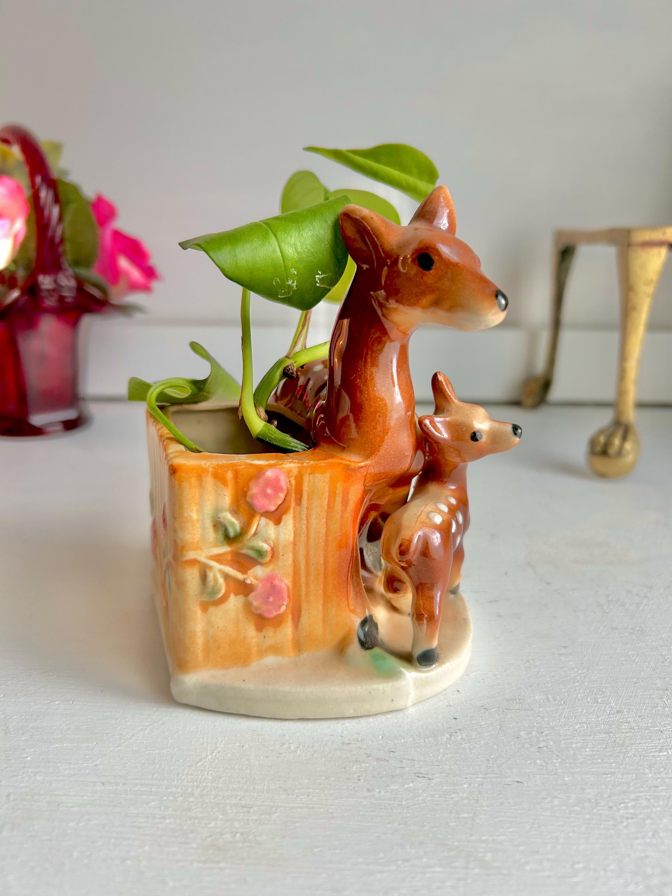 Vintage Ceramic Deer Planter: Mid-Century Doe and Fawn Flower Container
