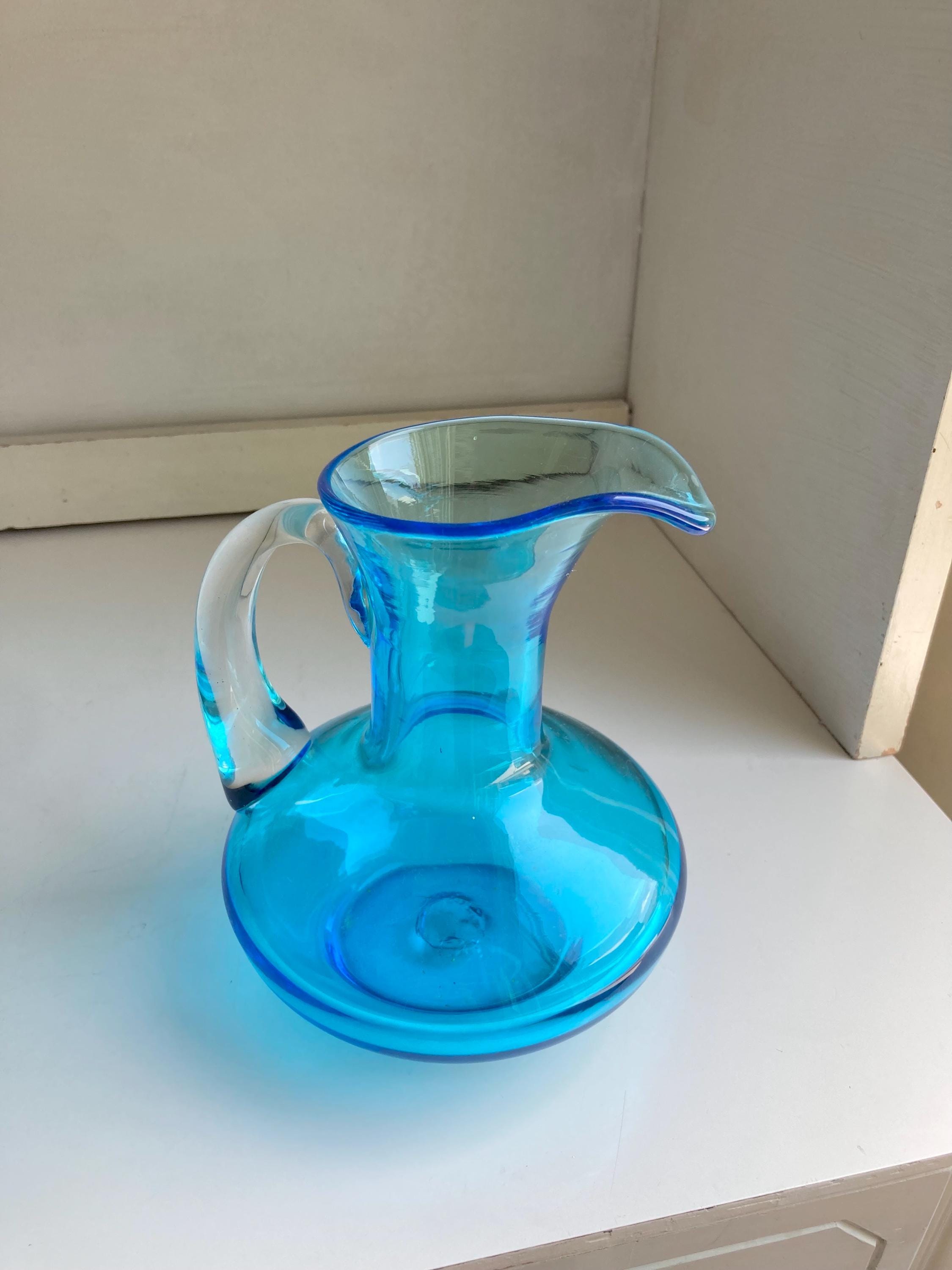 Vintage Blown Blue Glass Pitcher: Applied Clear Handle, Broad Base