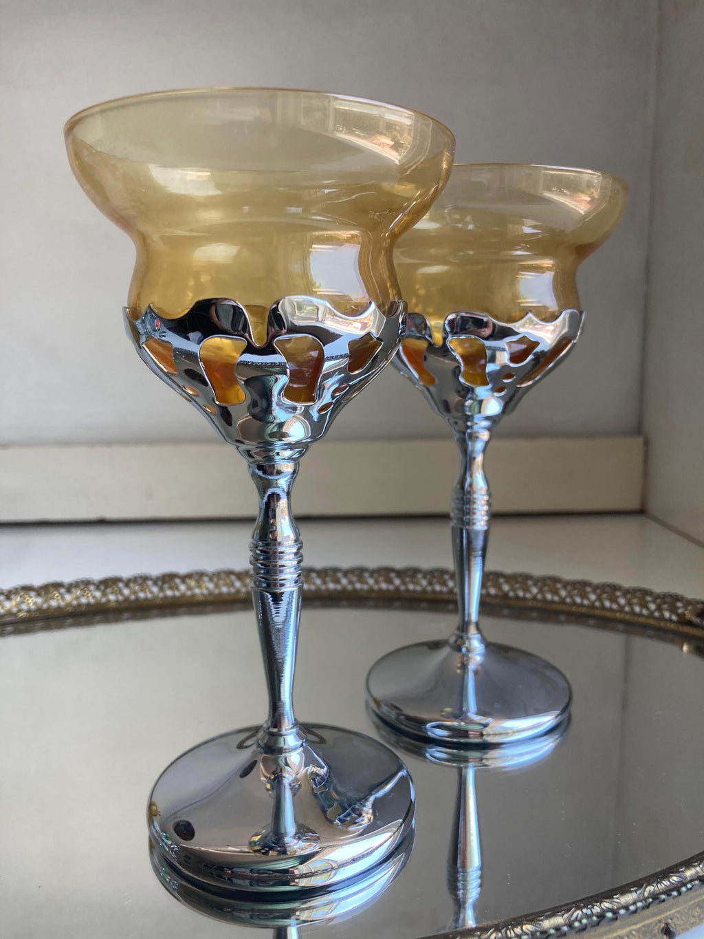 Midcentury Farber Bros Chrome Stem Glassware: Art Nouveau Cocktail Glasses