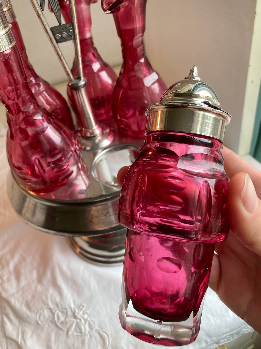 Antique Meriden Silver Plated Cruet Set: Cranberry Thumbprint Glass Bottles