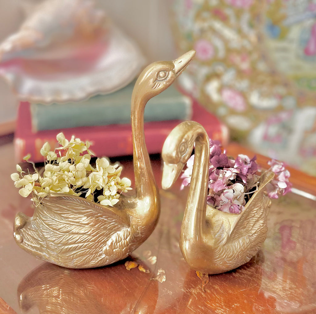 Pair of Vintage Brass Swan Planters