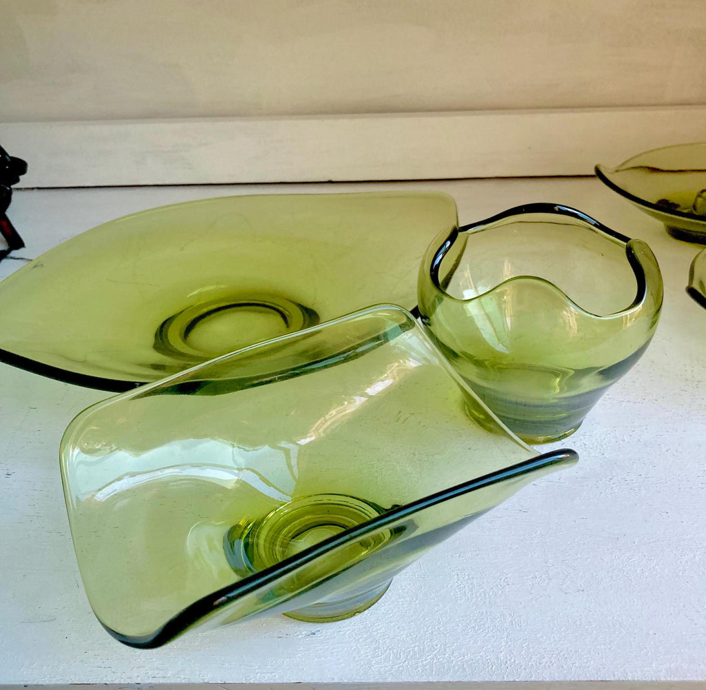 Vintage Viking Green Glass Epic Pattern: CHOOSE from various options, candleholder pair, bowls, dish