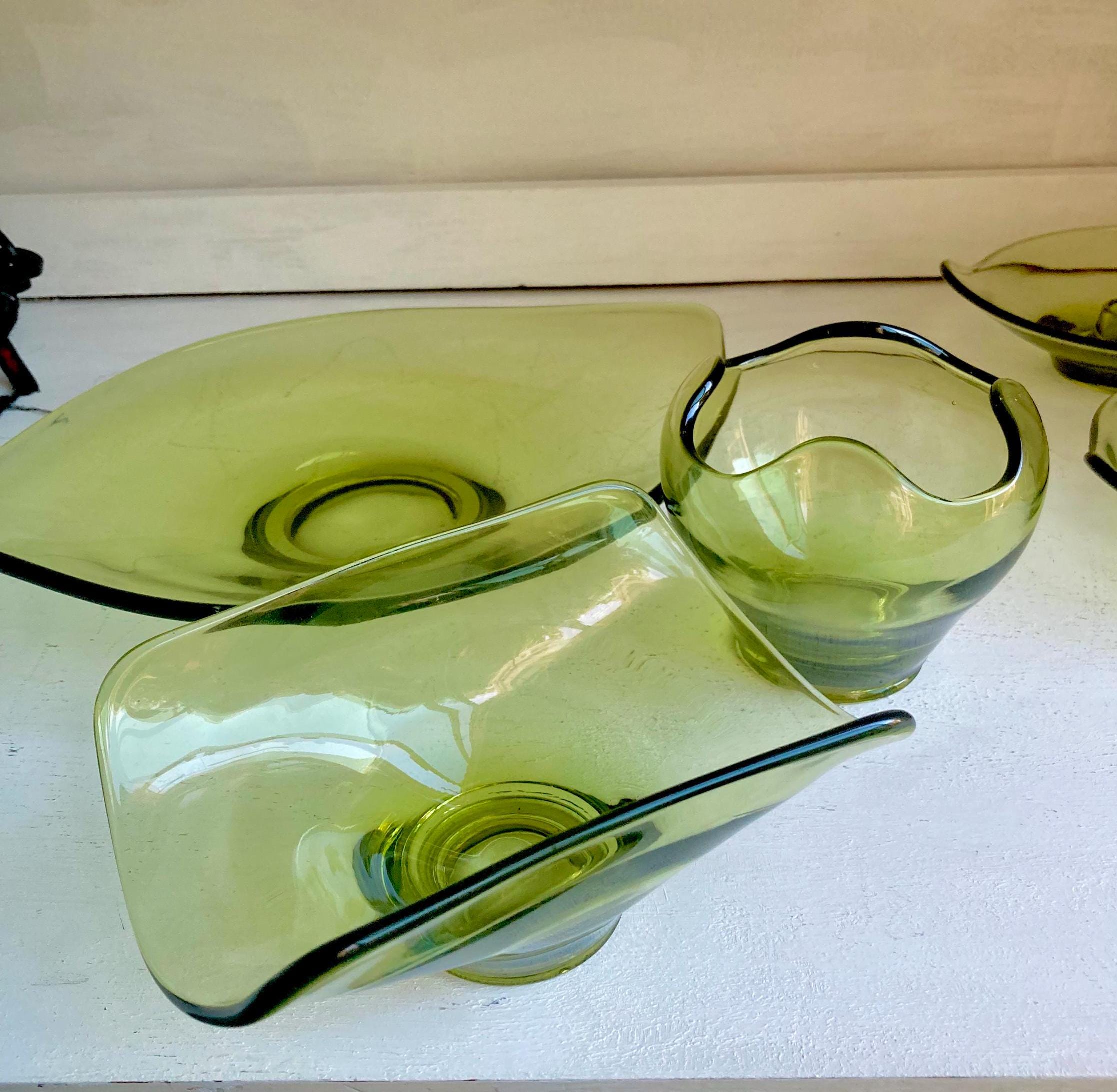 Vintage Viking Green Glass Epic Pattern: CHOOSE from various options, candleholder pair, bowls, dish