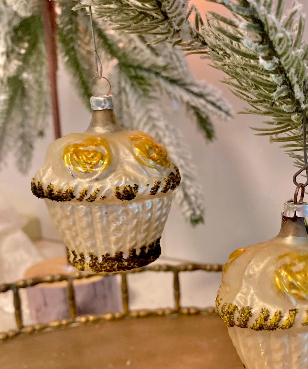 Vintage West German Mercury Glass Christmas Ornament – Pearly Gold Glitter, Individually Sold