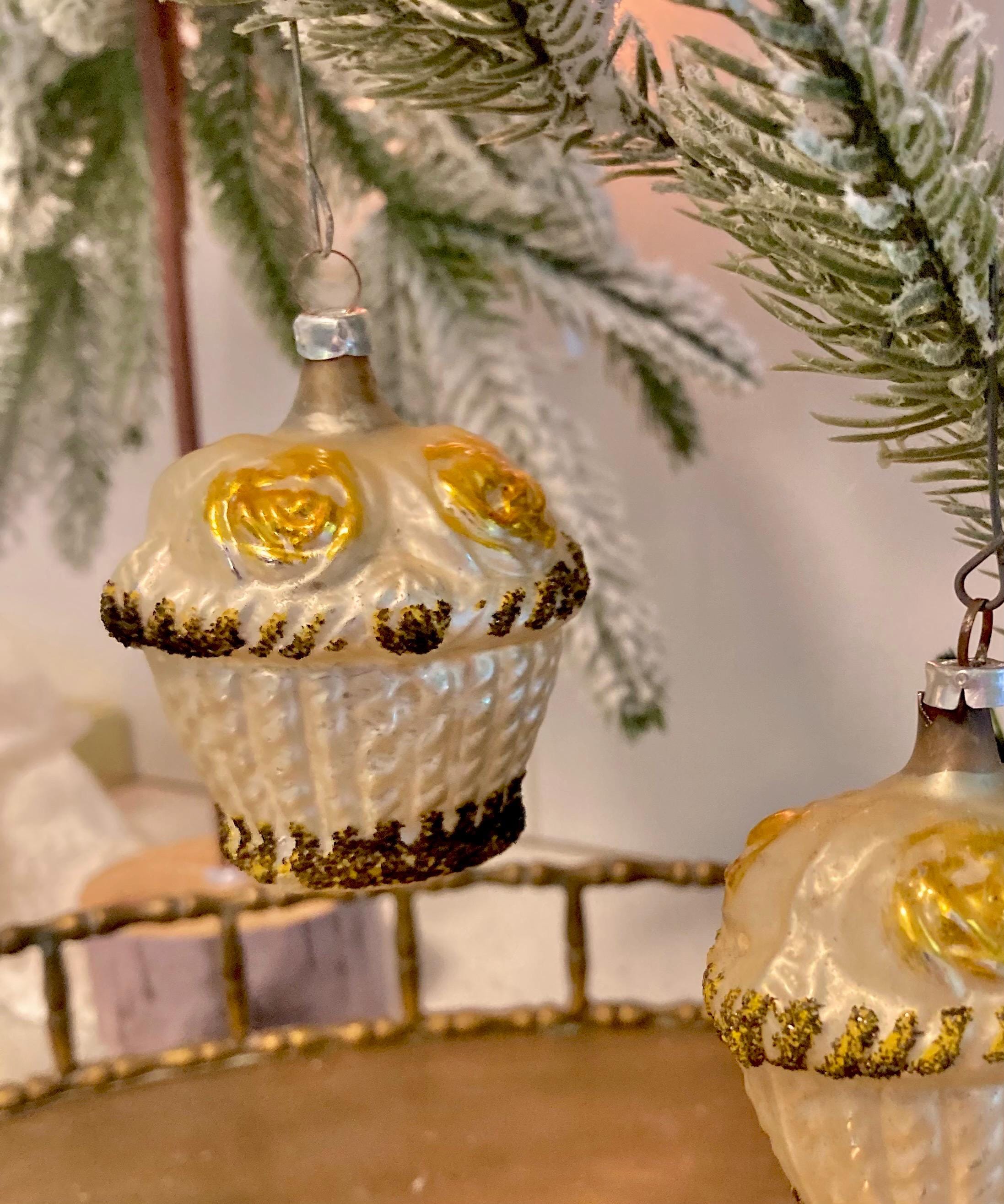 Vintage West German Mercury Glass Christmas Ornament – Pearly Gold Glitter, Individually Sold