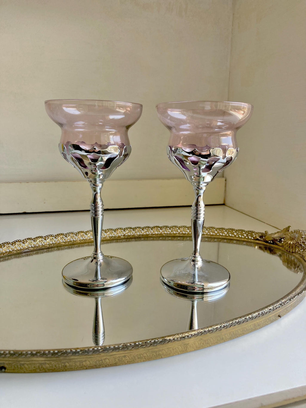 Midcentury Farber Bros Chrome Stem Glassware: Art Nouveau Cocktail Glasses