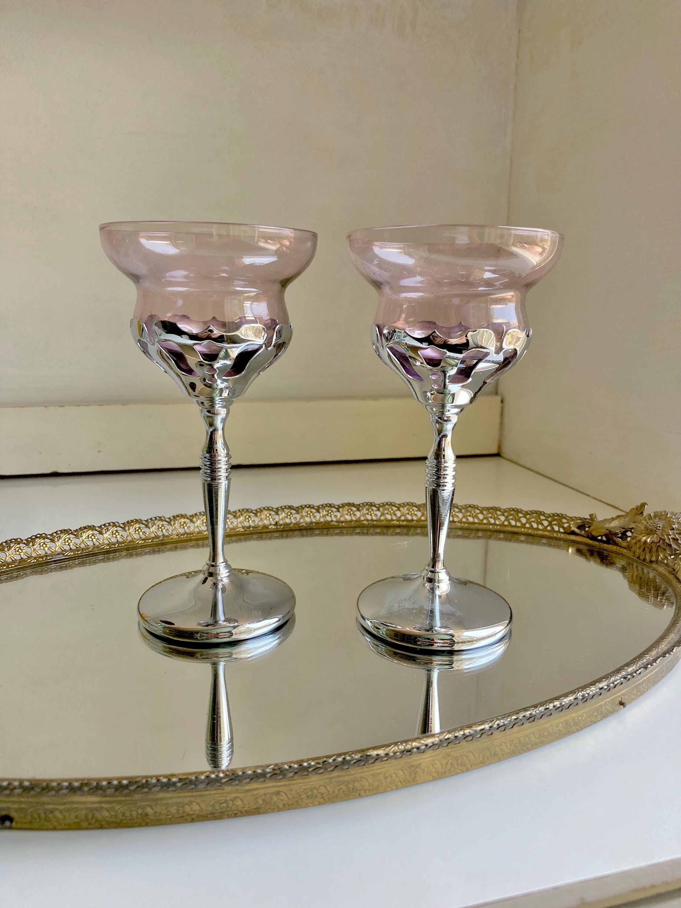 Midcentury Farber Bros Chrome Stem Glassware: Art Nouveau Cocktail Glasses