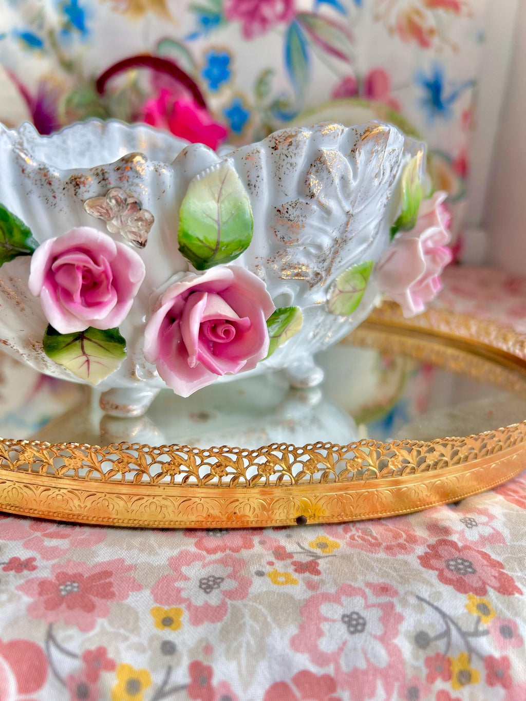Vintage LEFTON Ceramic Footed Bowl: Pink Roses, Rhinestone Butterflies
