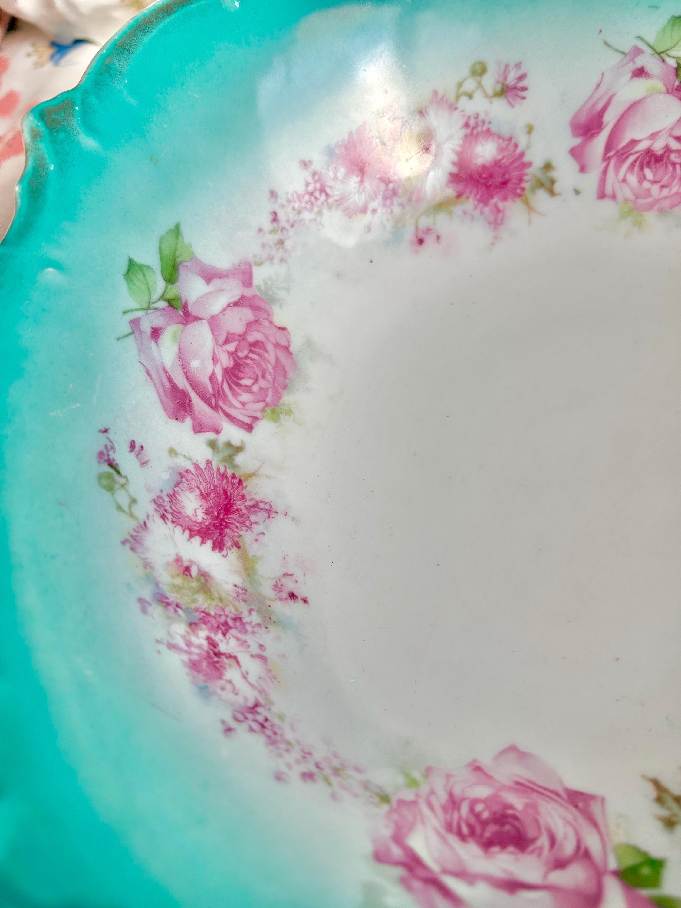 Vintage Porcelain Serving Bowl: Teal Rim, Rose Garland, Scalloped Edge (10-inch)