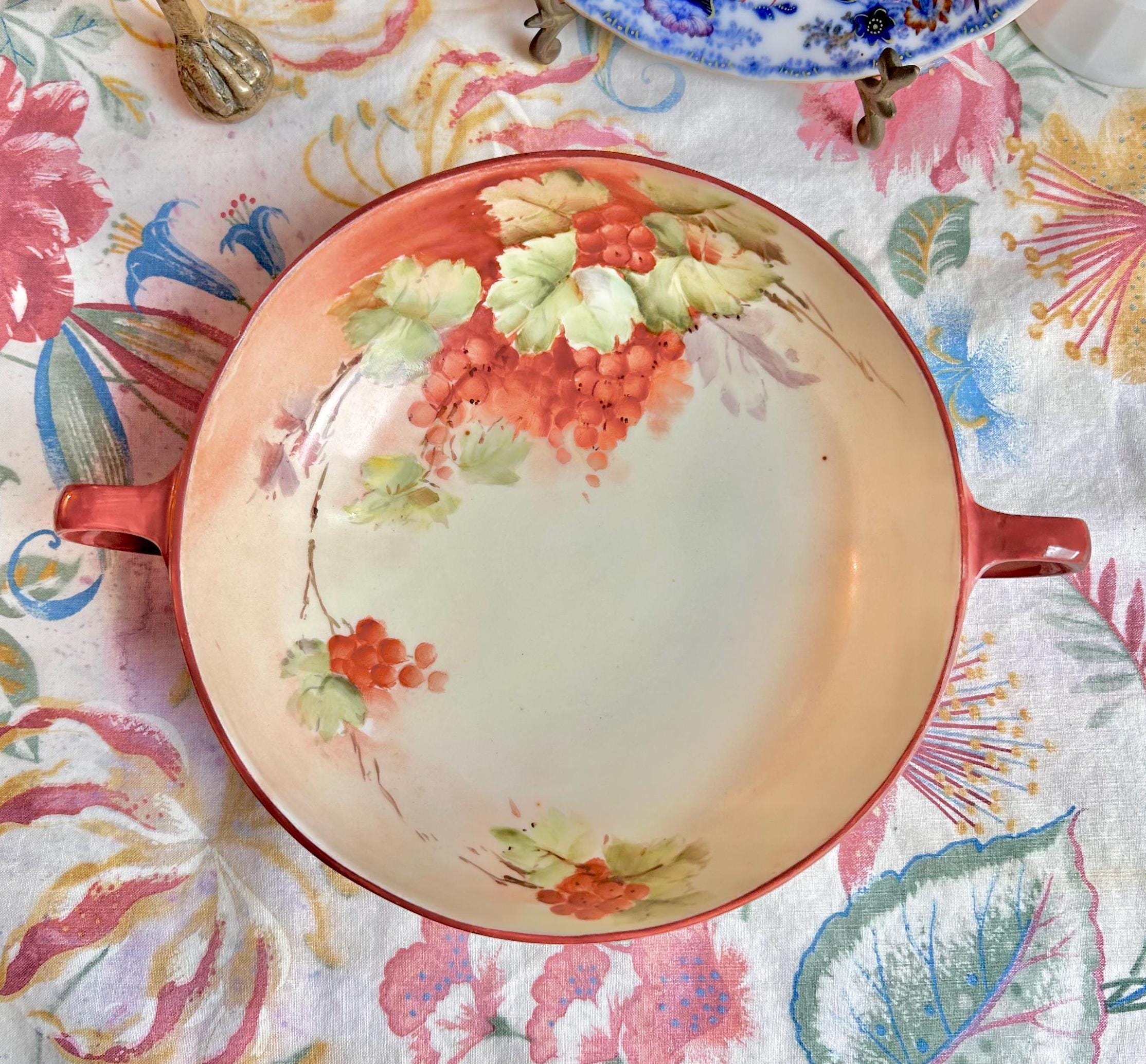 Antique MZ Austria Porcelain Footed Bowl: Hand-Painted Harvest Grape (CHIP!)