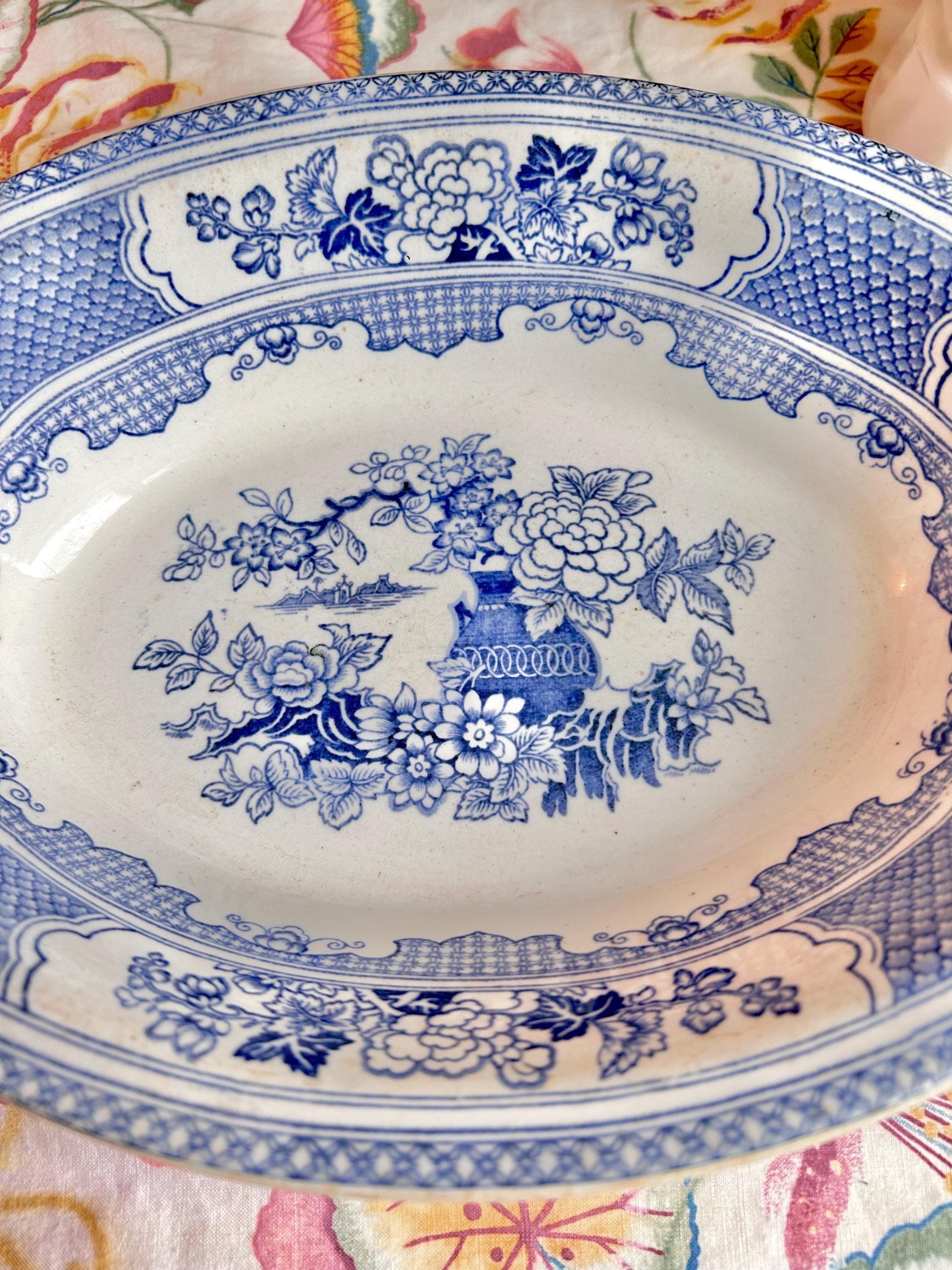 Antique Chinoiserie Serving Bowl: Blue and White Floral Transferware, Soho Pottery