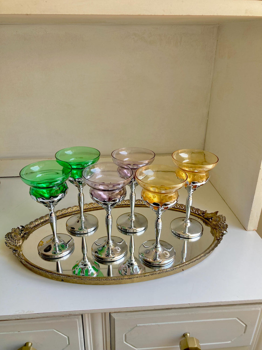 Midcentury Farber Bros Chrome Stem Glassware: Art Nouveau Cocktail Glasses