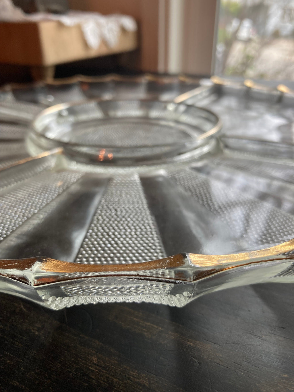 Vintage Jeanette Dewdrop Glass Serving Platter: Gold Wavy Edge, 5-Part Dish