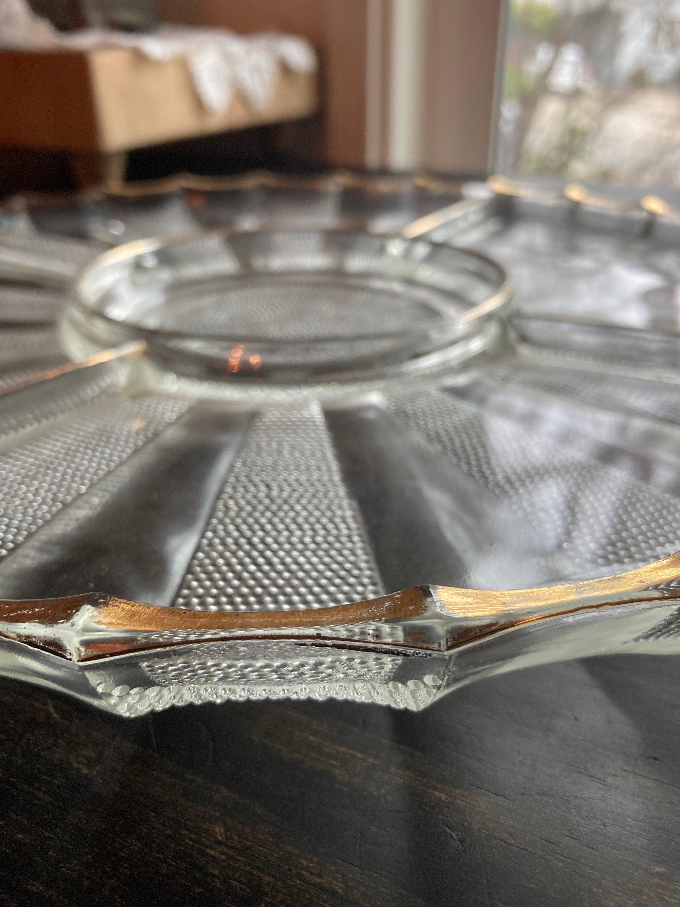 Vintage Jeanette Dewdrop Glass Serving Platter: Gold Wavy Edge, 5-Part Dish