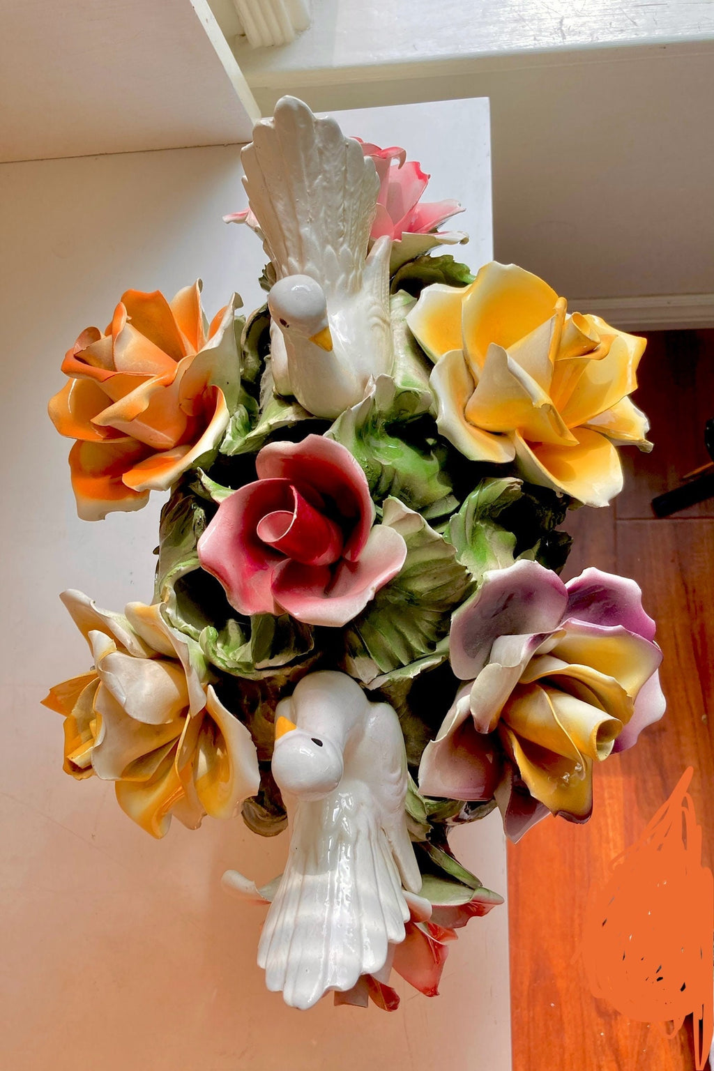 1970s Nuova Capodimonte 17" Grand Centerpiece with Pair of Doves, Basket of Roses