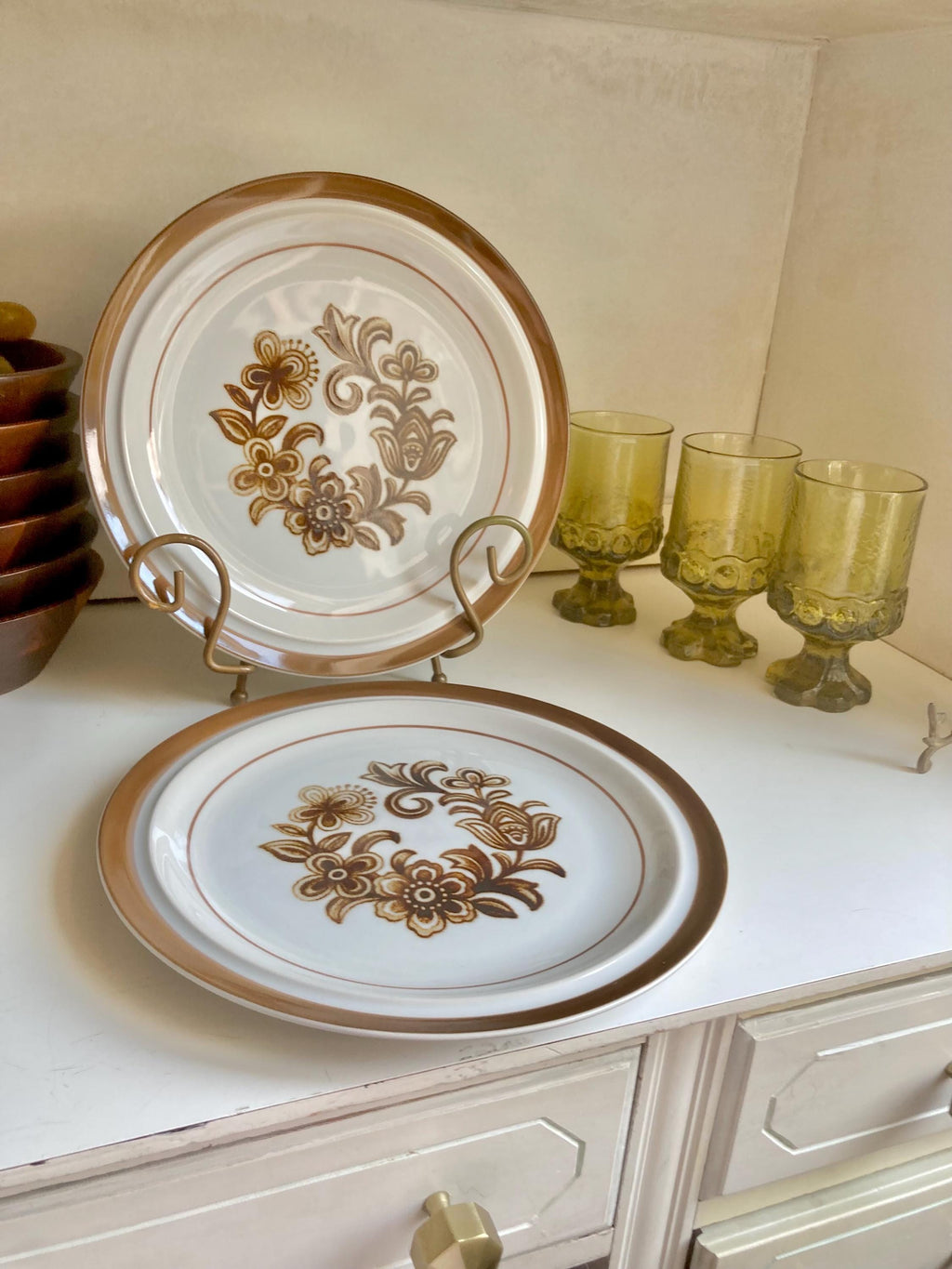 Vintage Monterrey Stoneware Dinner Plates - Brown Floral Set of 2