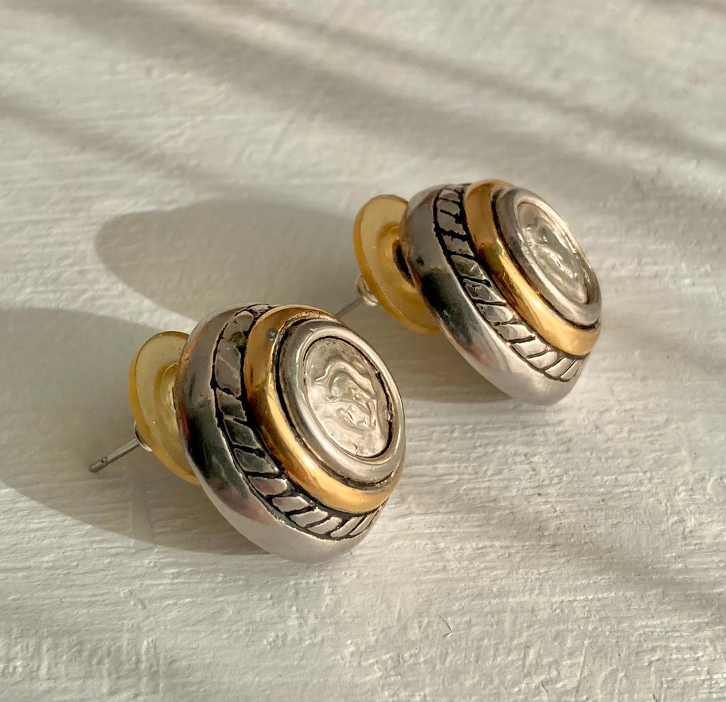 Vintage Roman-Coin-Button Gold and Silver Tone Blend Earrings for Pierced Ears