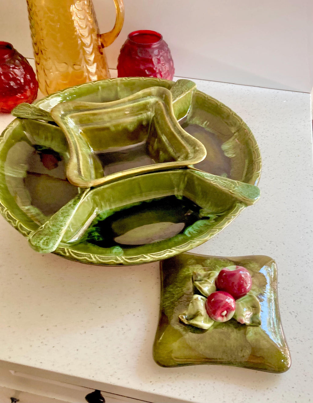 Vintage Wade Calif. Ceramics Party Platter: Apple Lidded Bowl Lazy Susan