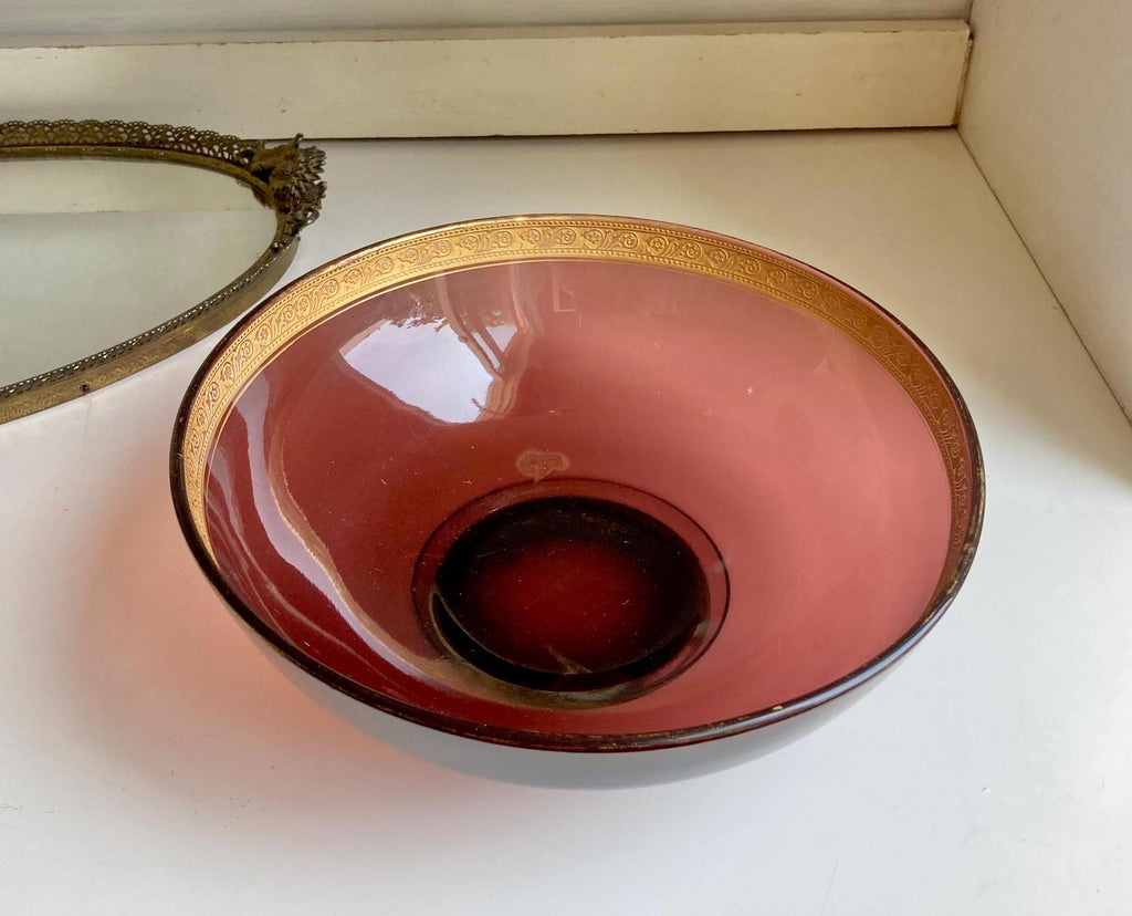 Vintage Purple Amethyst glass 8.75” serving bowl with Ornate Gilt Rim - Worn Finish