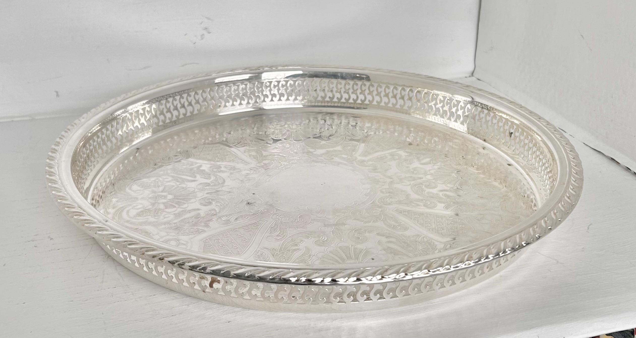 Large 15 inch Vintage Silverplate Gallery Tray Reticulated Rim Oneida USA