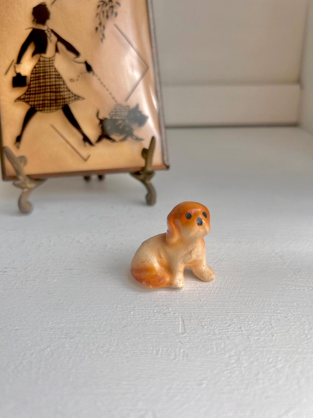 Vintage Teensy Ceramic Tawny Pup - Hand painted dog figurine 1 inch seated pup