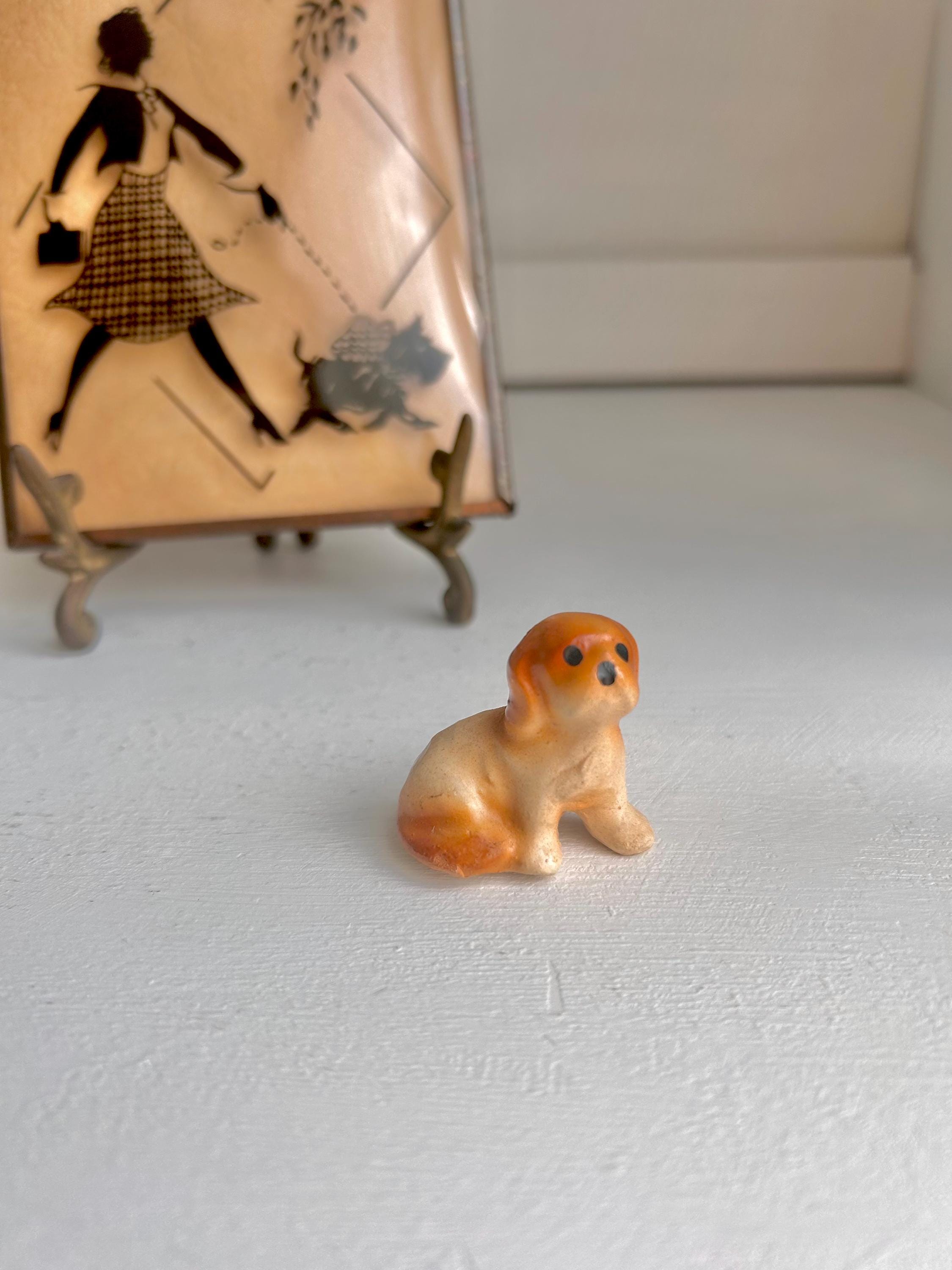 Vintage Teensy Ceramic Tawny Pup - Hand painted dog figurine 1 inch seated pup