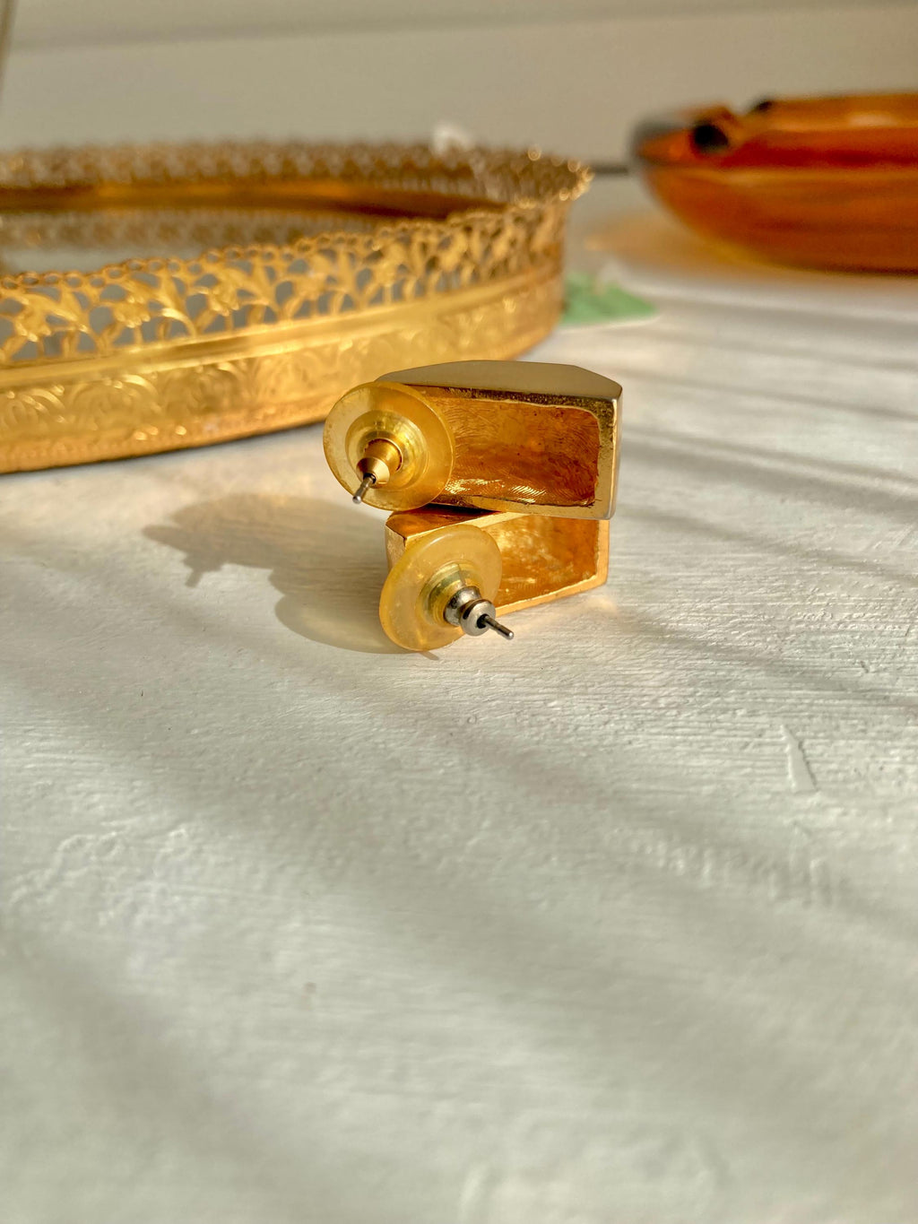 Vintage Gold Tone Statement Earrings - Geometric Angular 1980s Earrings for Pierced Ears