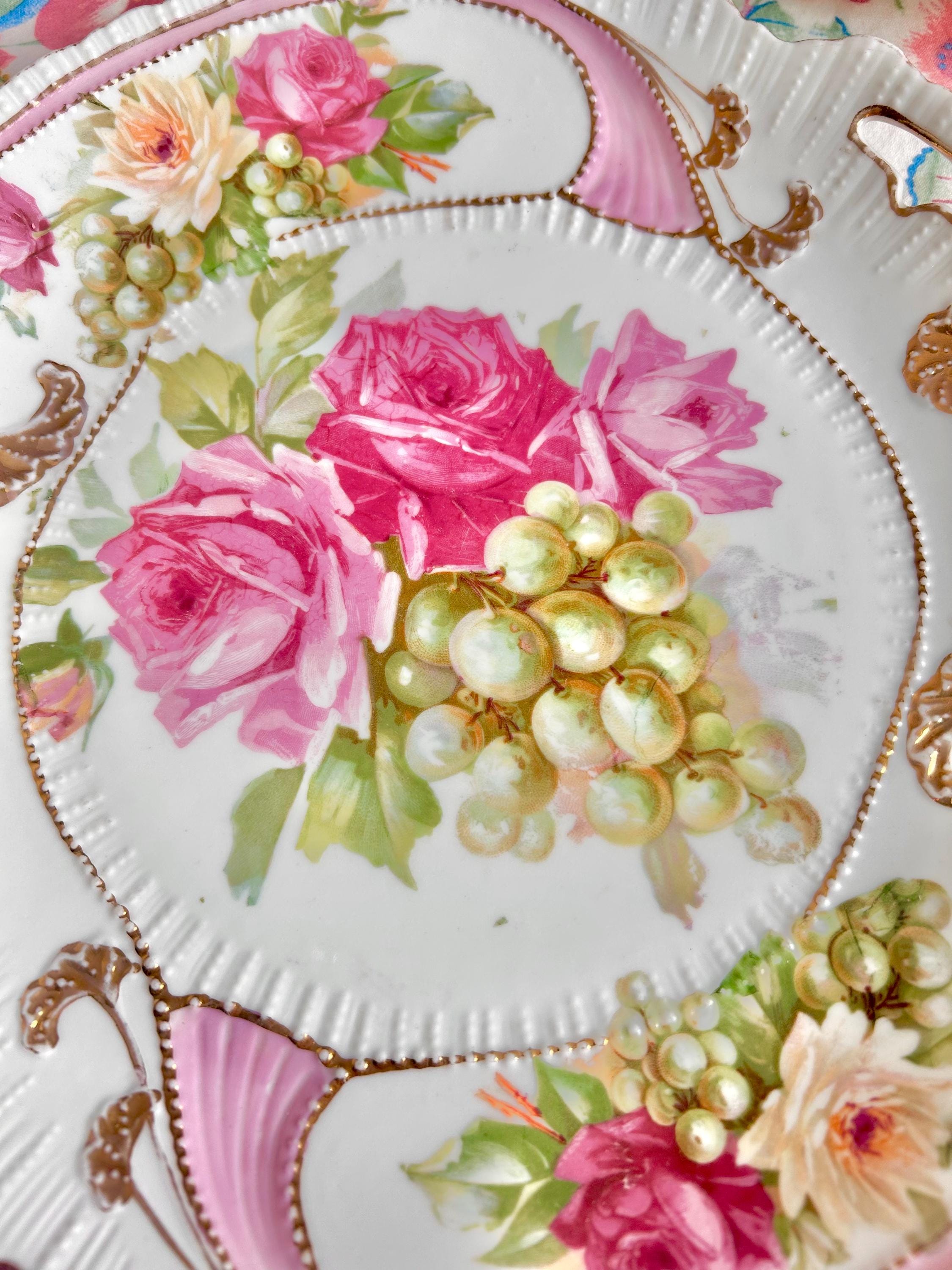 Vintage Porcelain Platter: Gold Foliage, Roses & Grapes, Beaded Handles