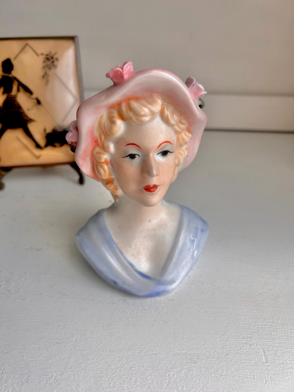 Vintage Lady Head Vase: Floral Pink Hat, Blonde Hair Ceramic Planter