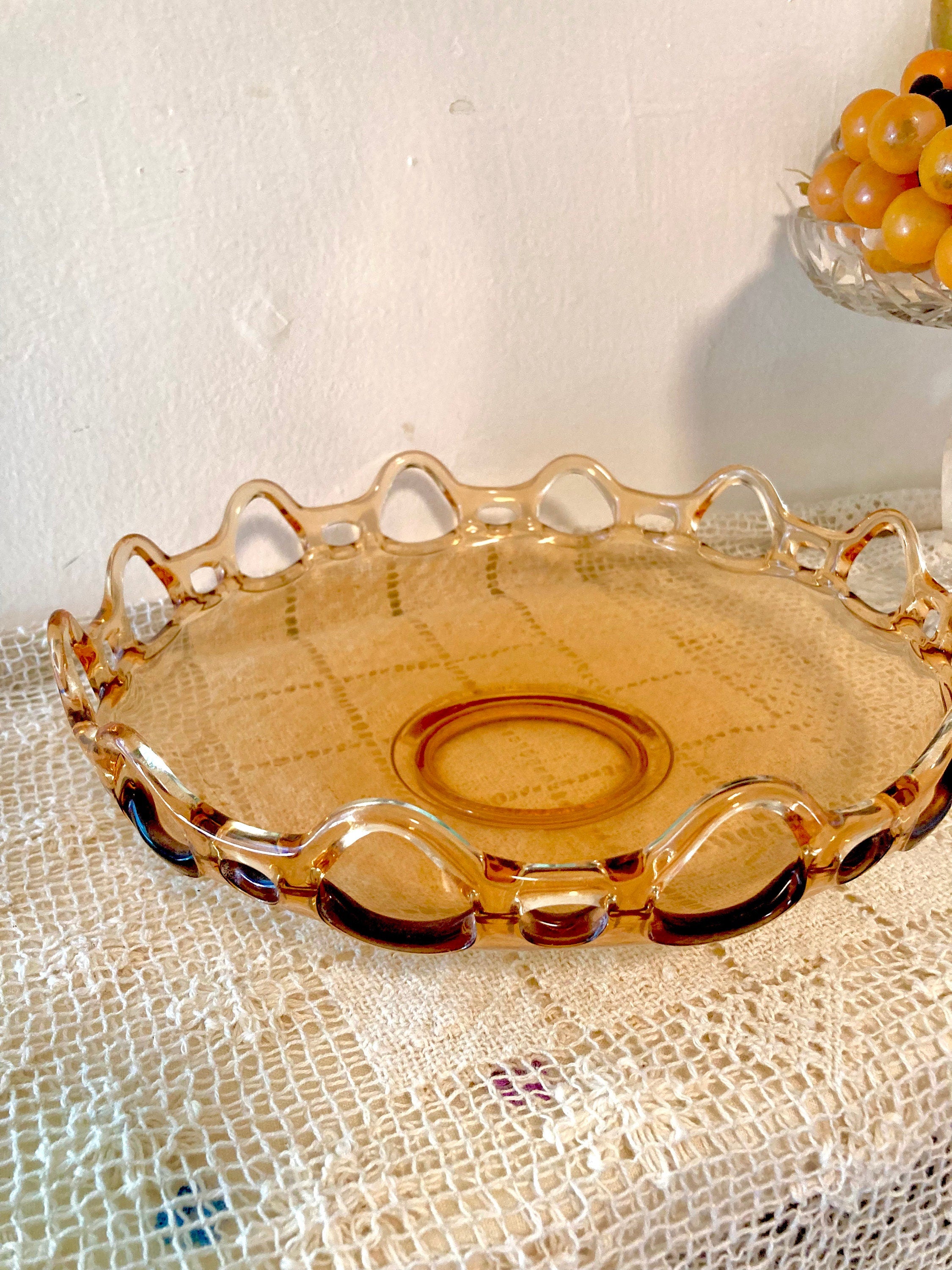 Fostoria Amber Glass 11" Console Bowl - Open Lace Edge Pattern #2320 - circa 1930