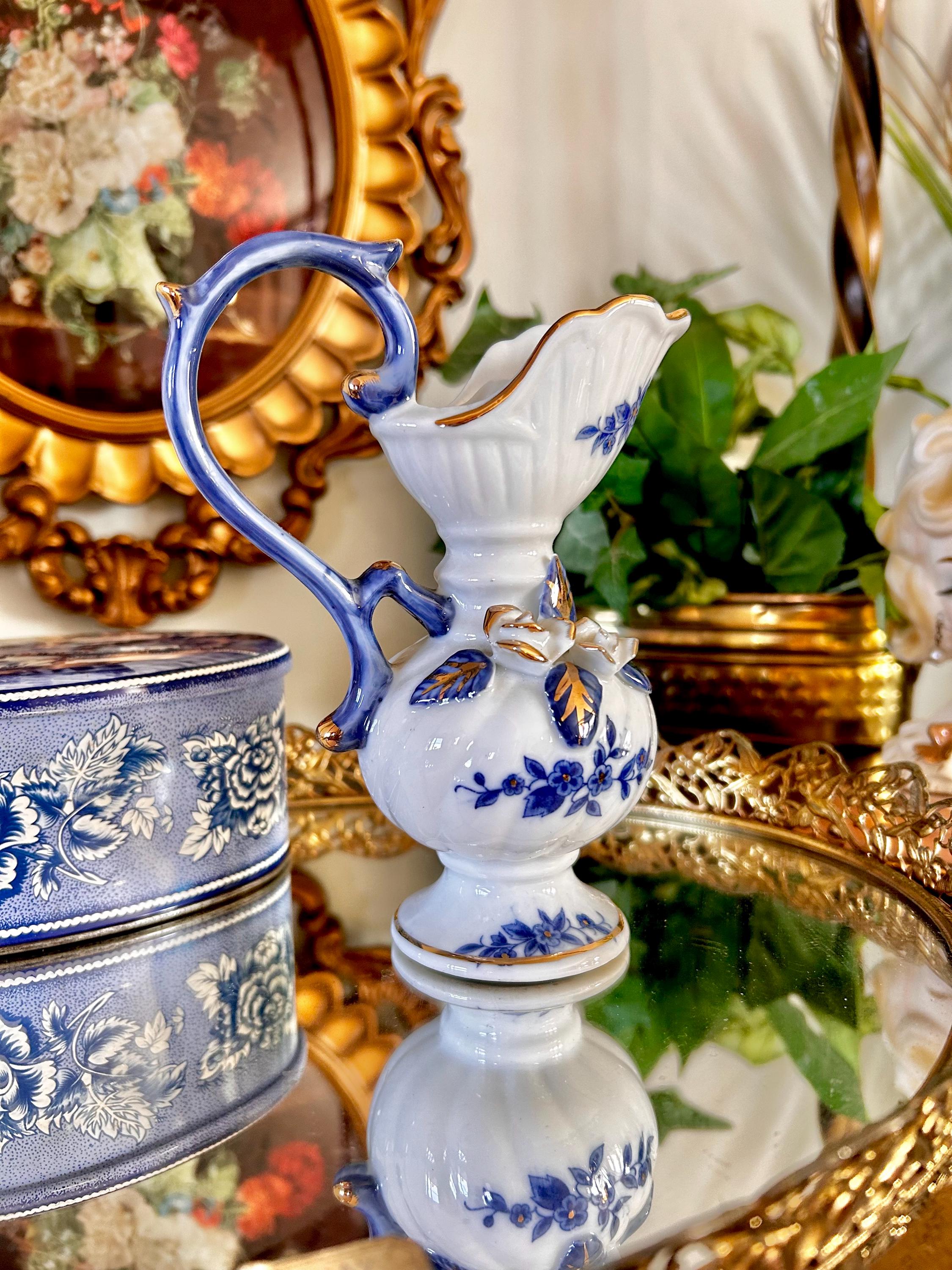 Vintage Brinns Blue and White Ceramic Ewer with Applied Roses