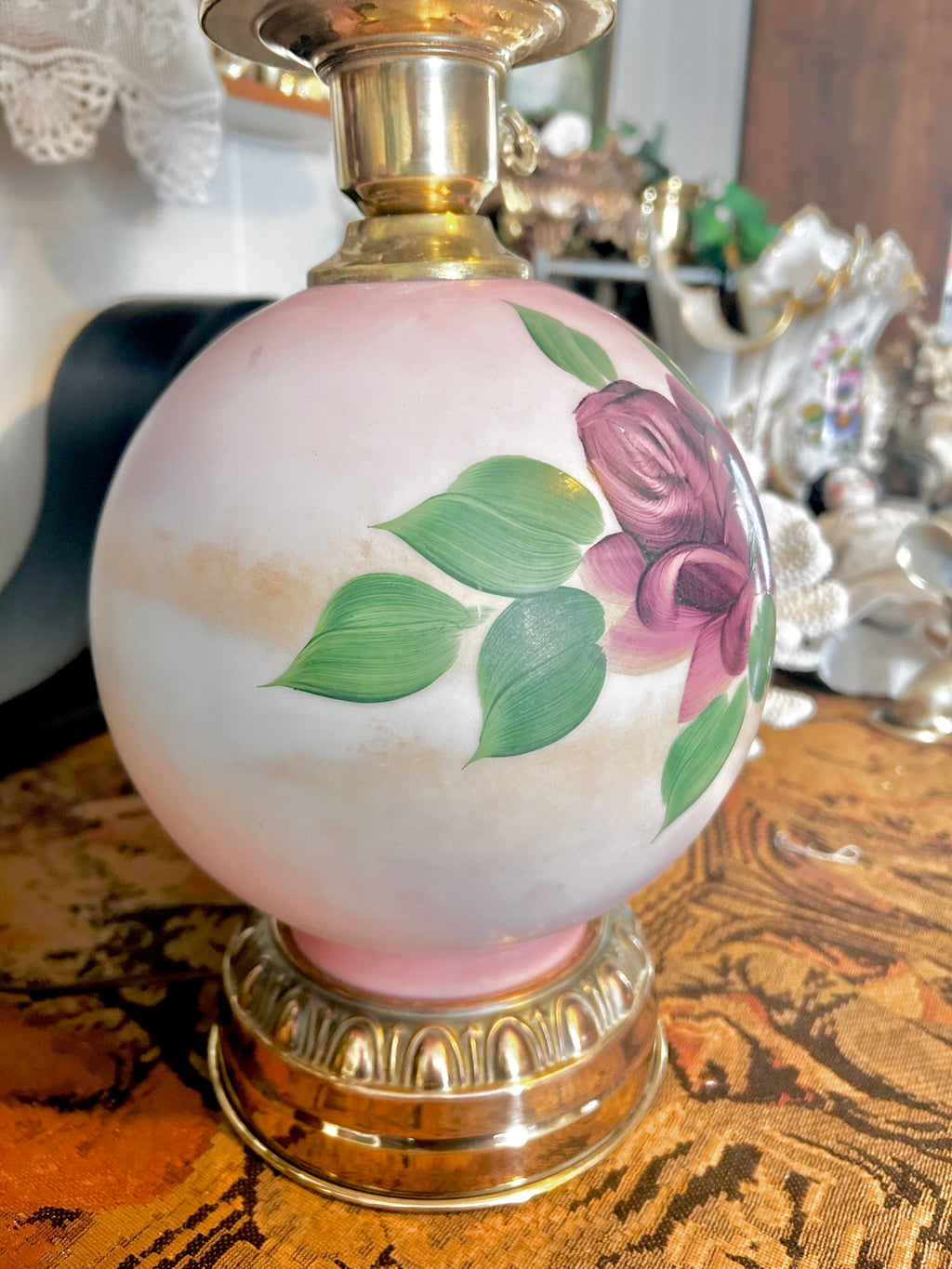 Vintage Three Way Glass Globe Lamp Hand-painted Roses