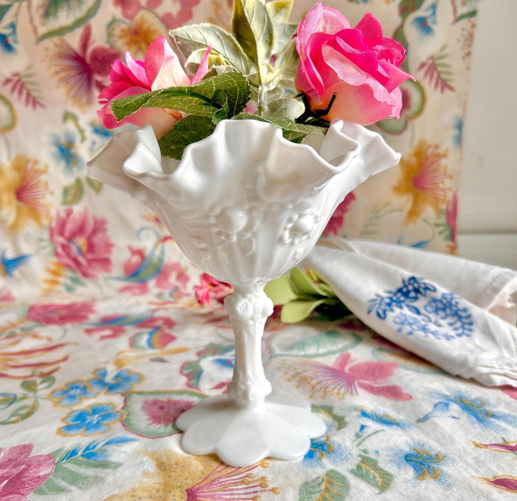 Vintage Fenton Milk Glass Compote, Rosebud Relief, Ruffled Edge