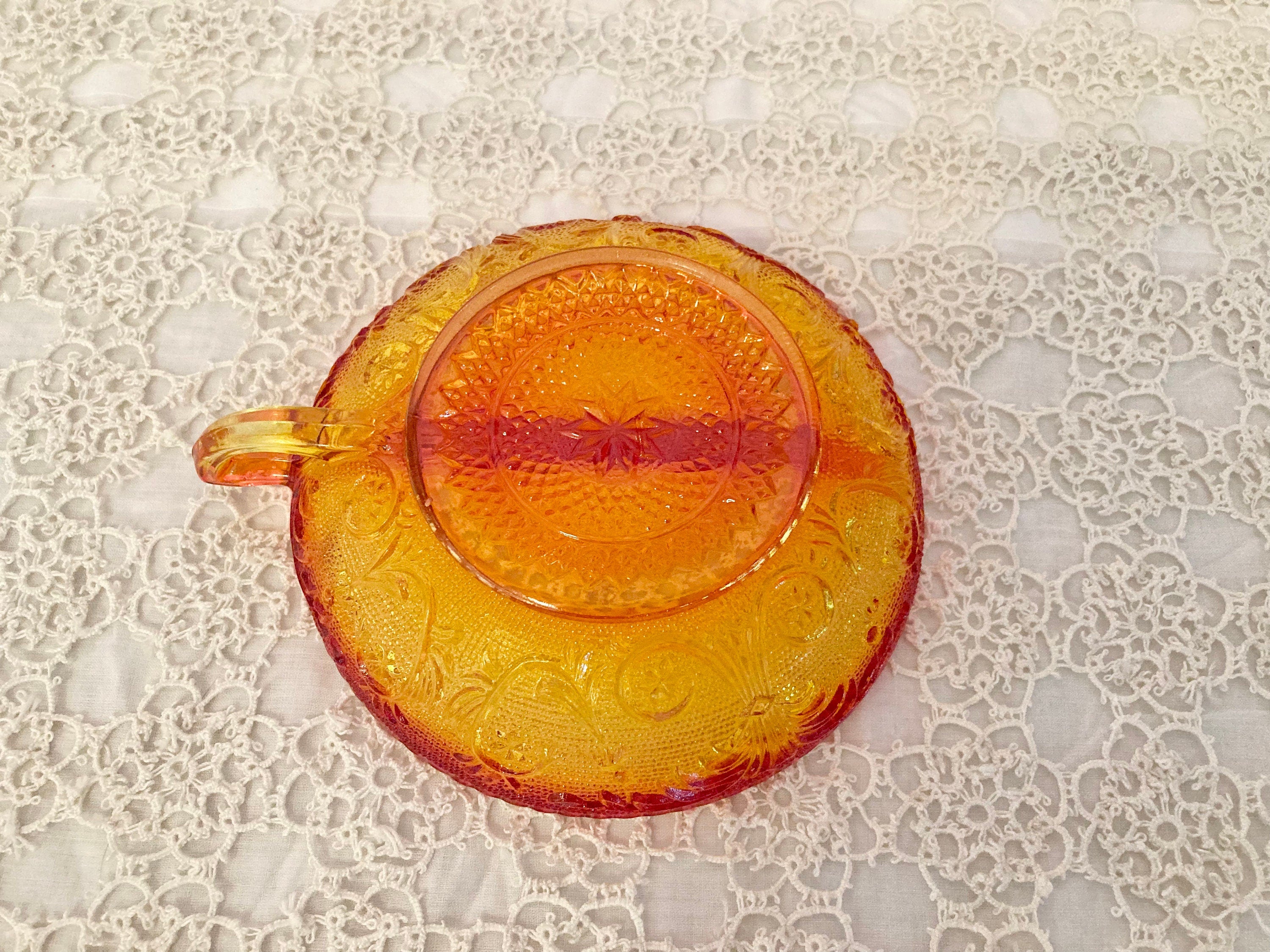 Vintage Amberina Depression Glass Divided Relish Dish with Handle, Rounded Sawtooth Edging