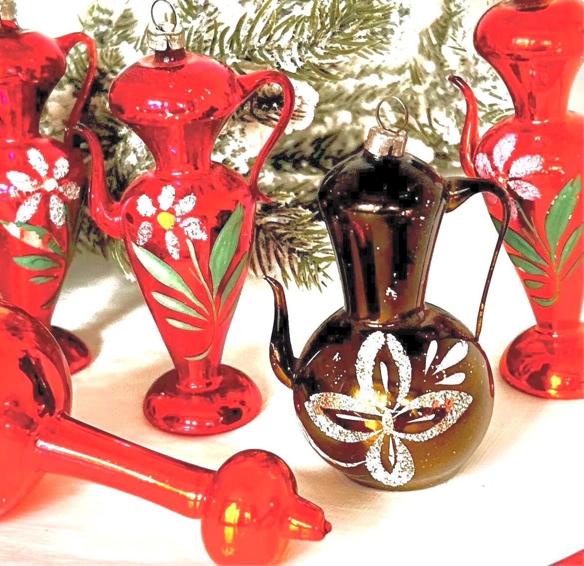 Vintage Handmade Glass Christmas Ornaments Hand Painted Teapots & Drop Bulbs