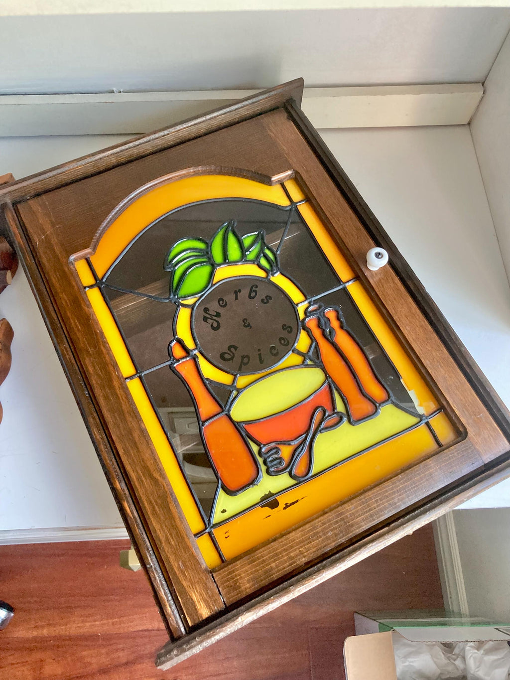 Vintage Stained Glass Spice Cabinet: Montgomery Ward Americana Pantry