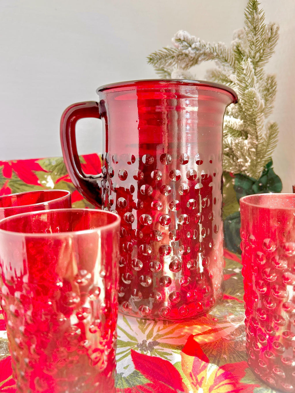 Vintage Anchor Hocking Royal Ruby Red Hobnail Glass Set: Pitcher & 8 Juice Glasses