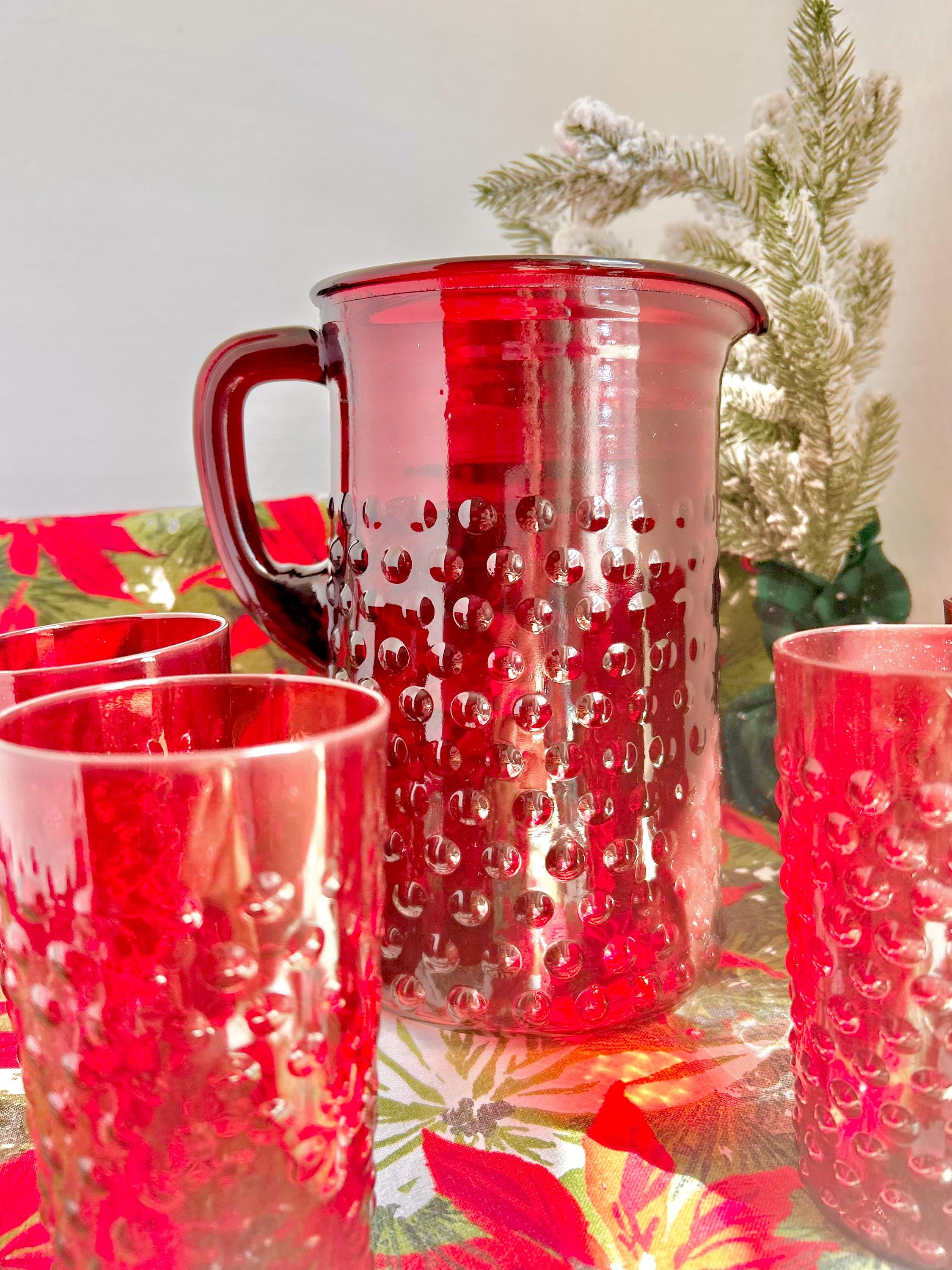Vintage Anchor Hocking Royal Ruby Red Hobnail Glass Set: Pitcher & 8 Juice Glasses