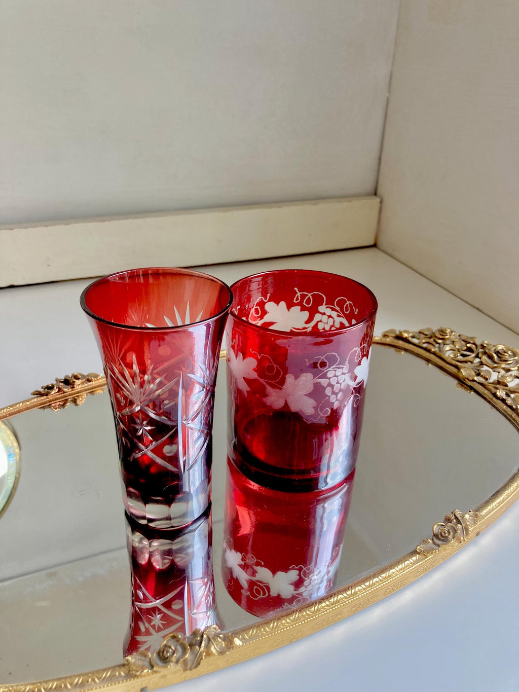Vintage Ruby Red Flashed Etched/Cut-to-Clear Bohemian Glasses-choose from 2