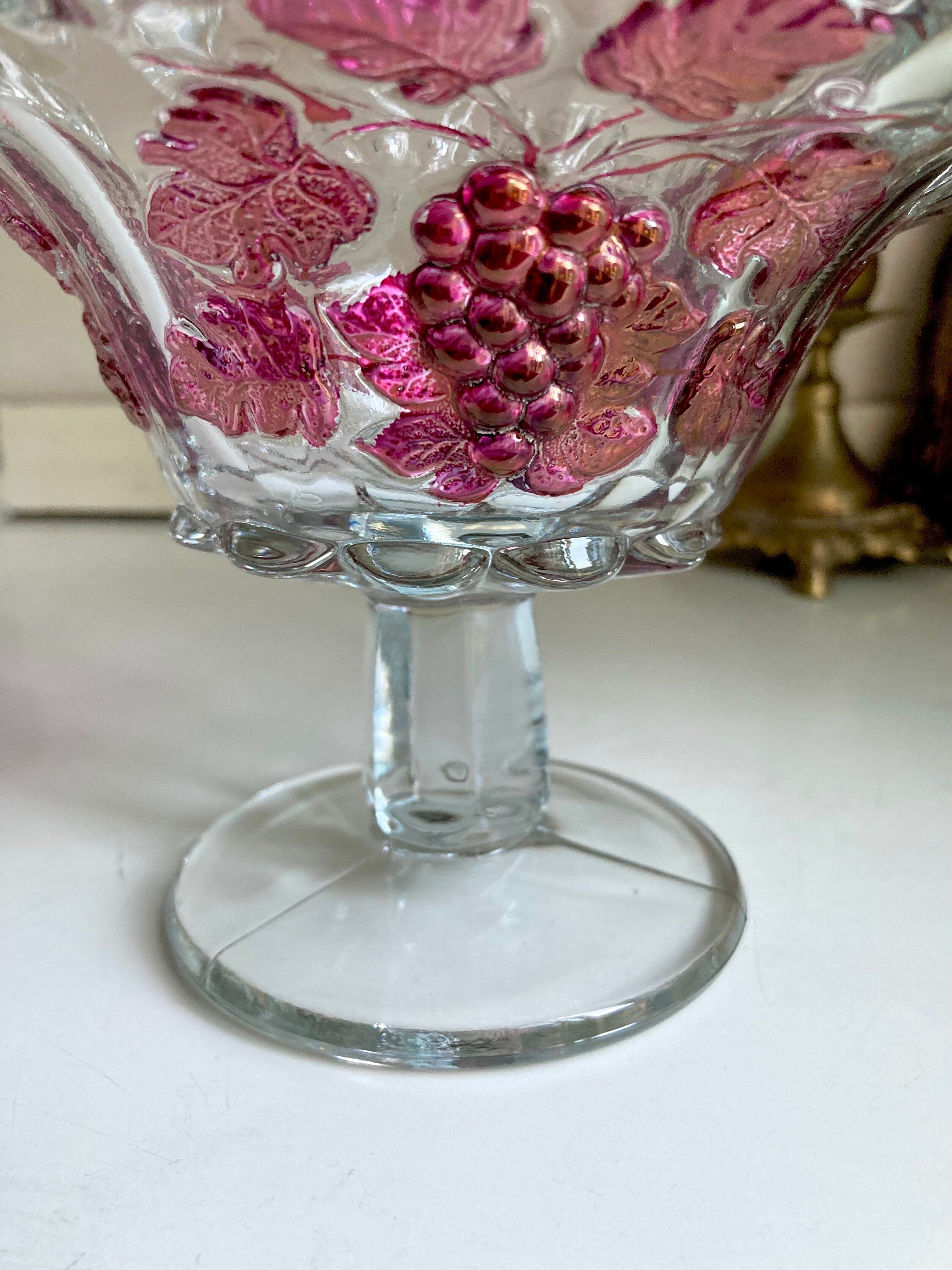 Vintage Westmoreland Crimped Edge Clear Glass Paneled Compote with Ruby Flashed Grapevines Pattern