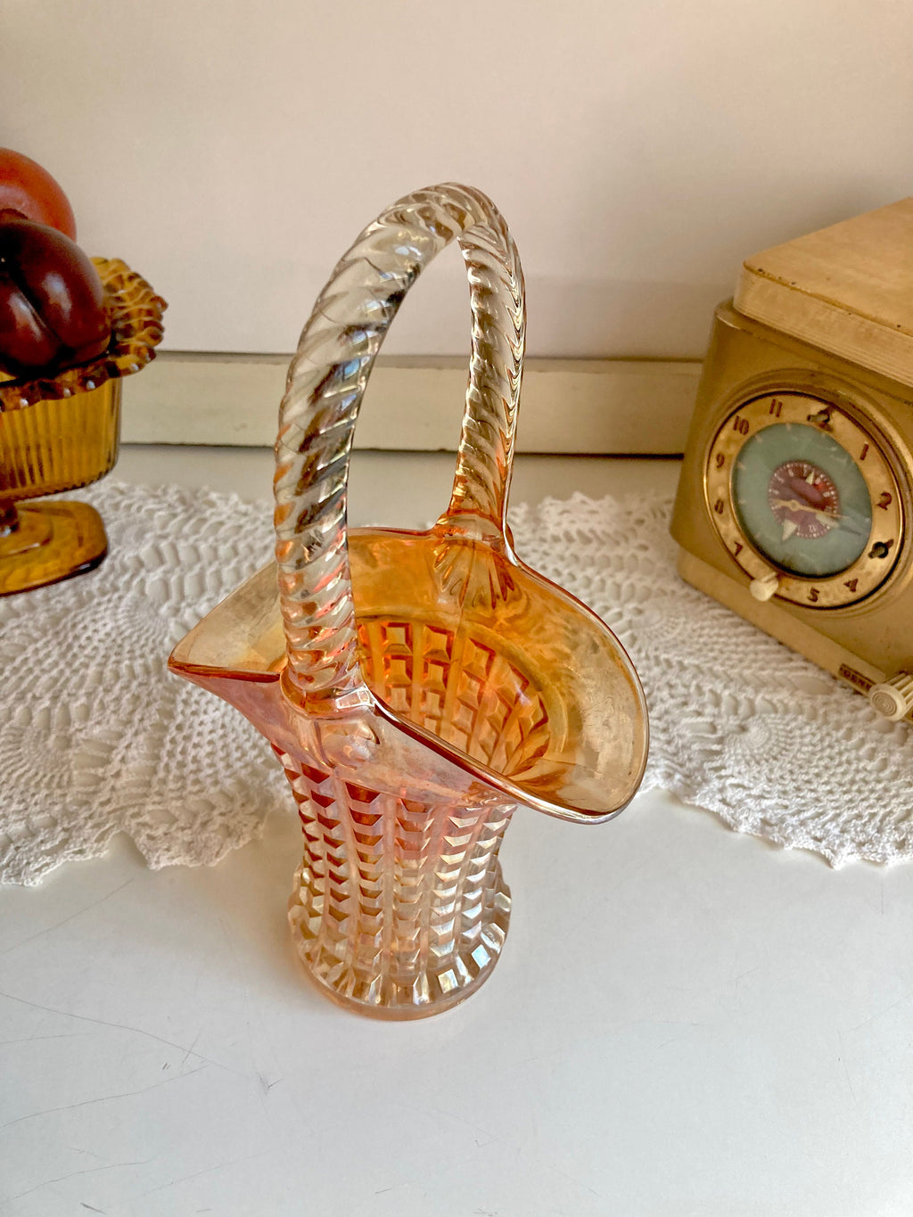 Vintage Imperial Marigold Carnival Glass Basket Vase: Waffle Block Pattern, Braided Handle