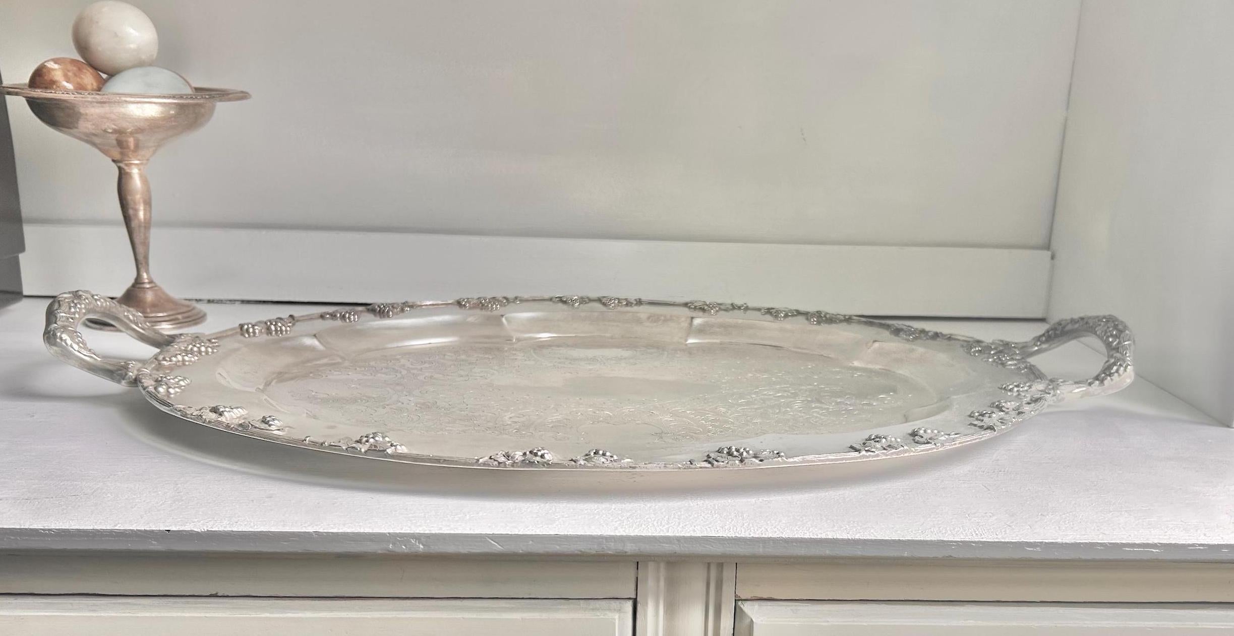 Vintage Silverplated Tray: Copper Core, Grapevine Rim, 24-inch