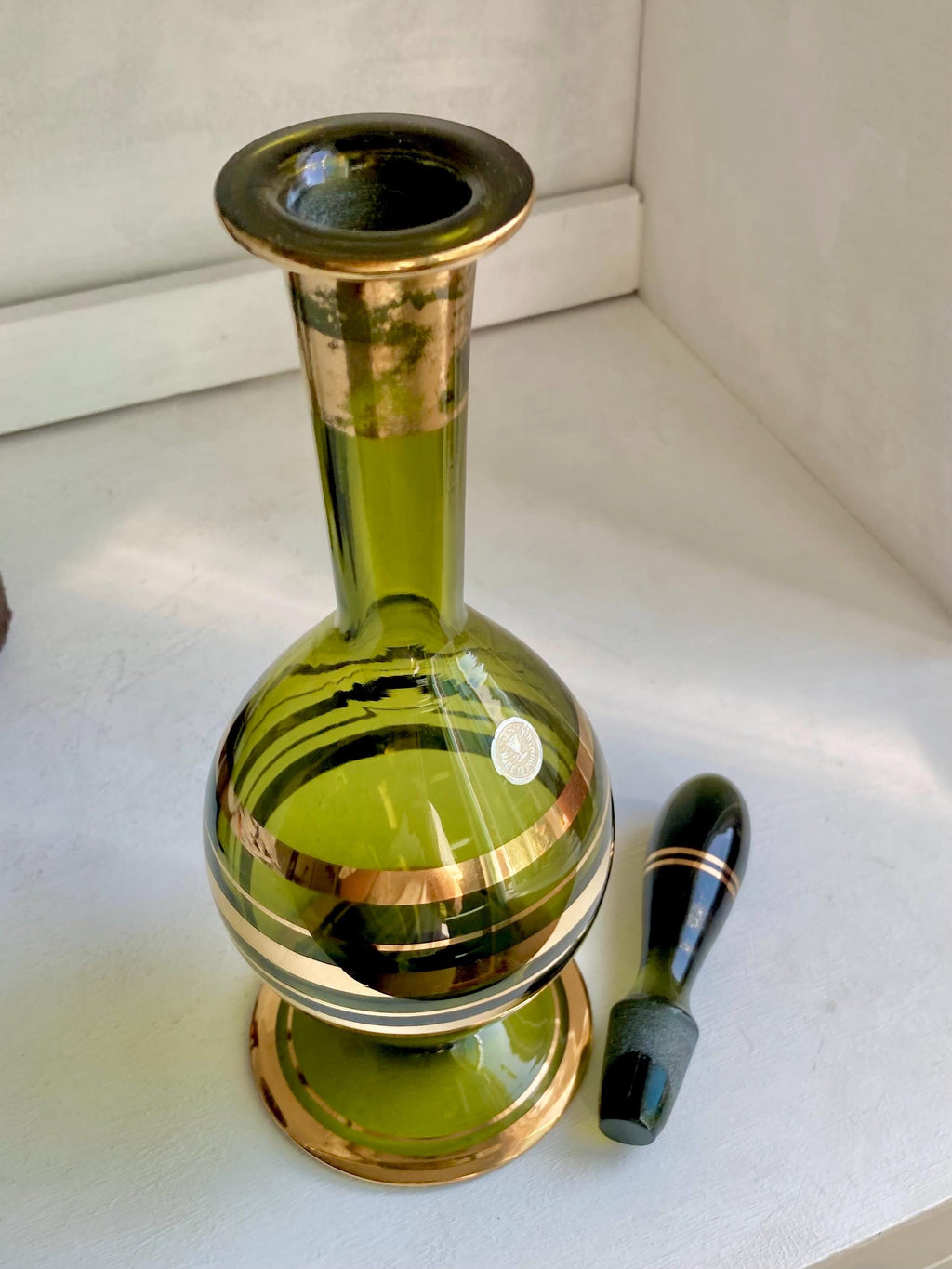 Vintage Blown Green Glass Decanter: Teardrop Stopper, Gold Trim